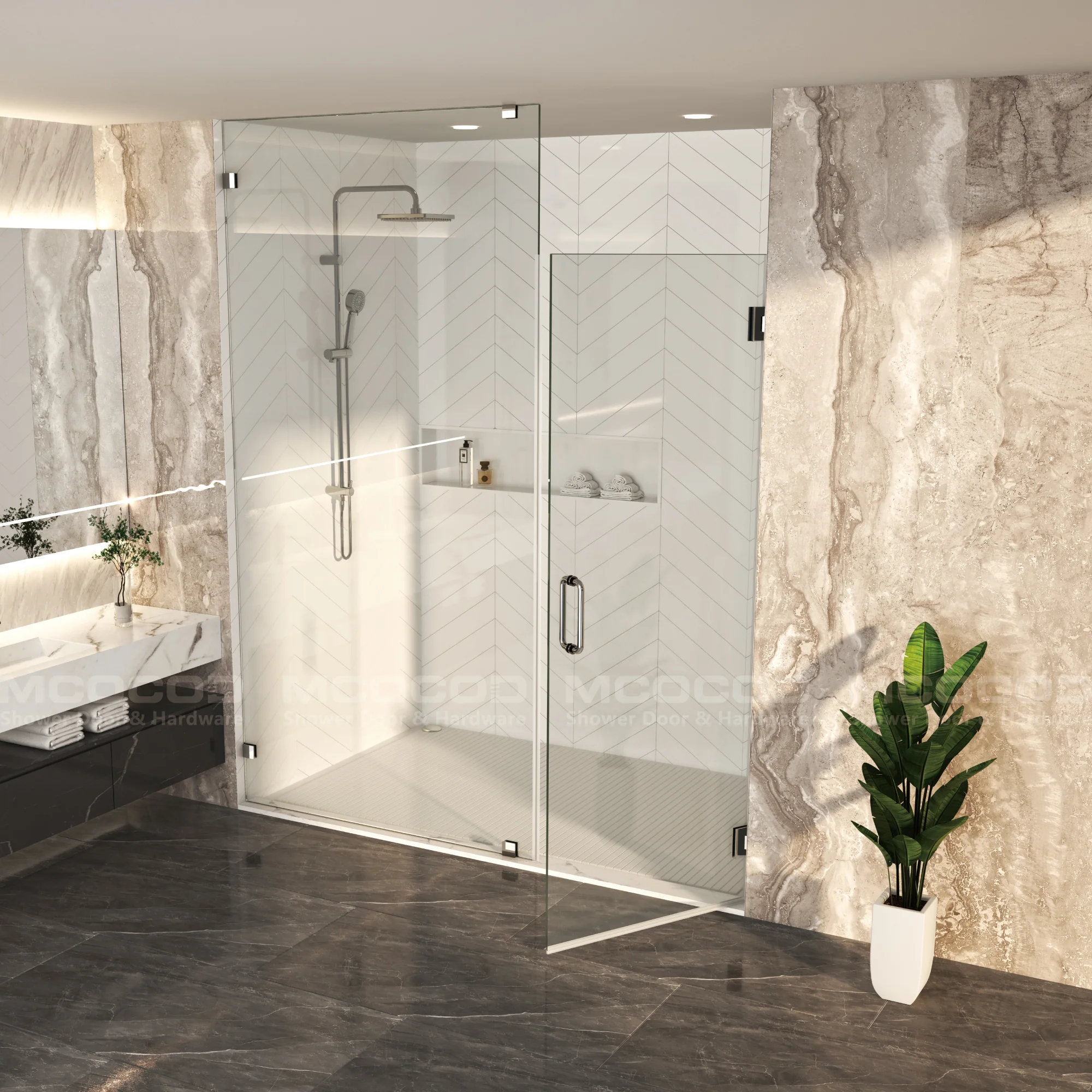 Customize Swing Shower Door with Frameless Fixed Glass Panel - H06-02A - Keen Glass Solutions