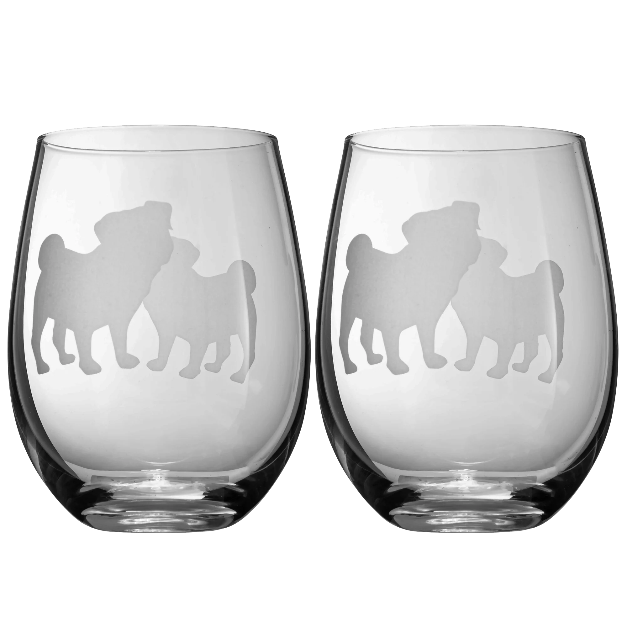 Set of 2 Pug Dog Stemless Wine Glasses - Keen Glass Solutions