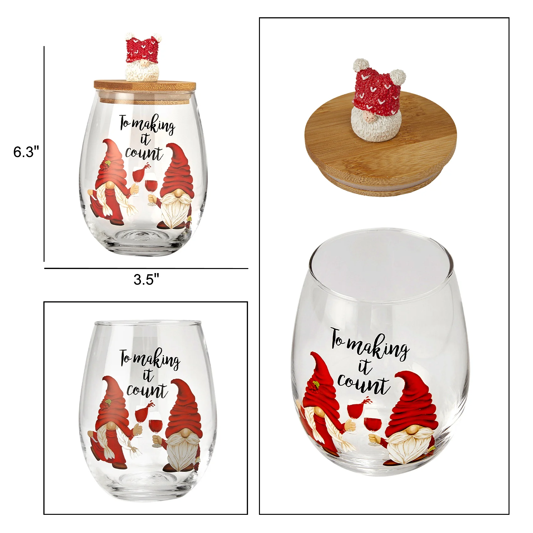 Christmas Gnome Wine & Water Glasses With Dwarf Wood Cover - Set of 2-17.5oz - Keen Glass Solutions