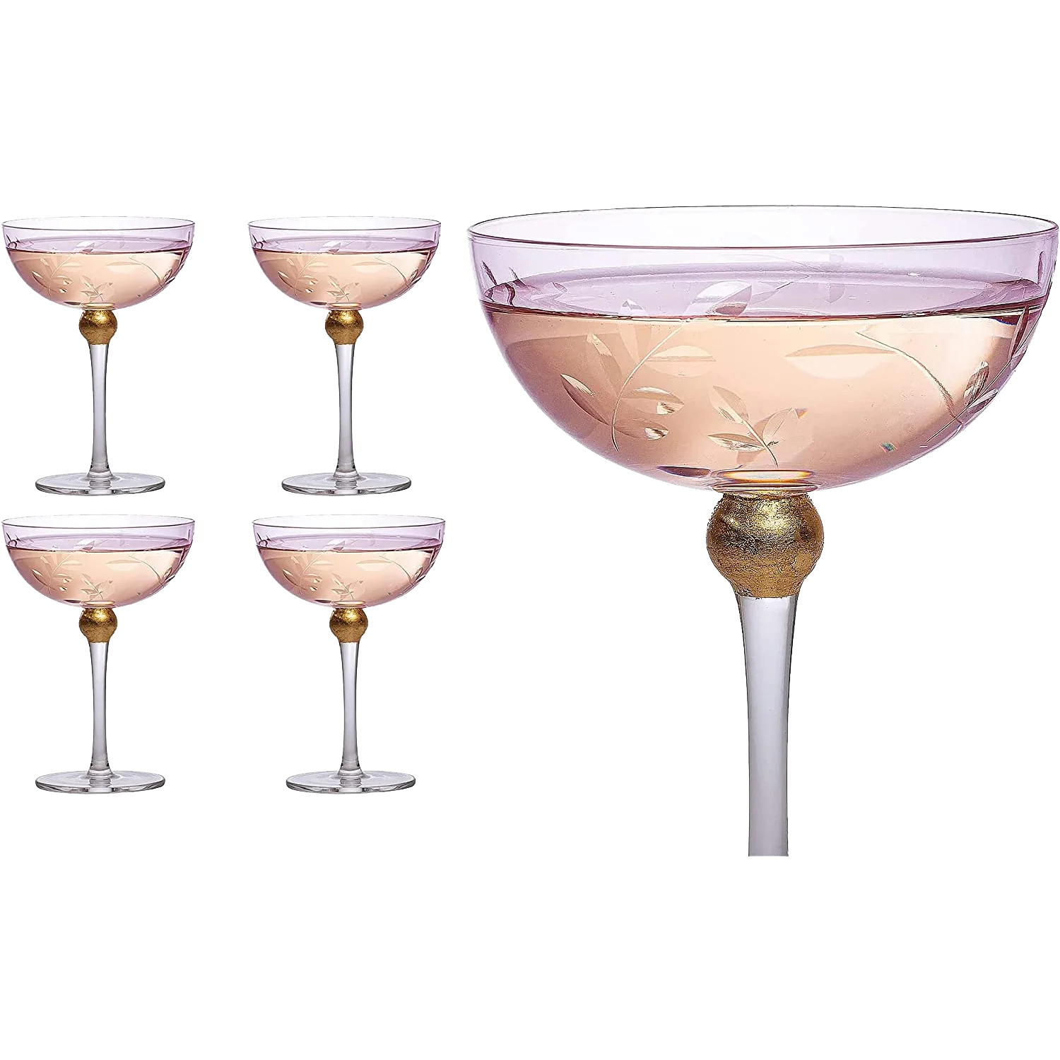 Colored Coupe Art Deco Glasses, Gold | Set of 4 | 8 oz (Pink) - Keen Glass Solutions