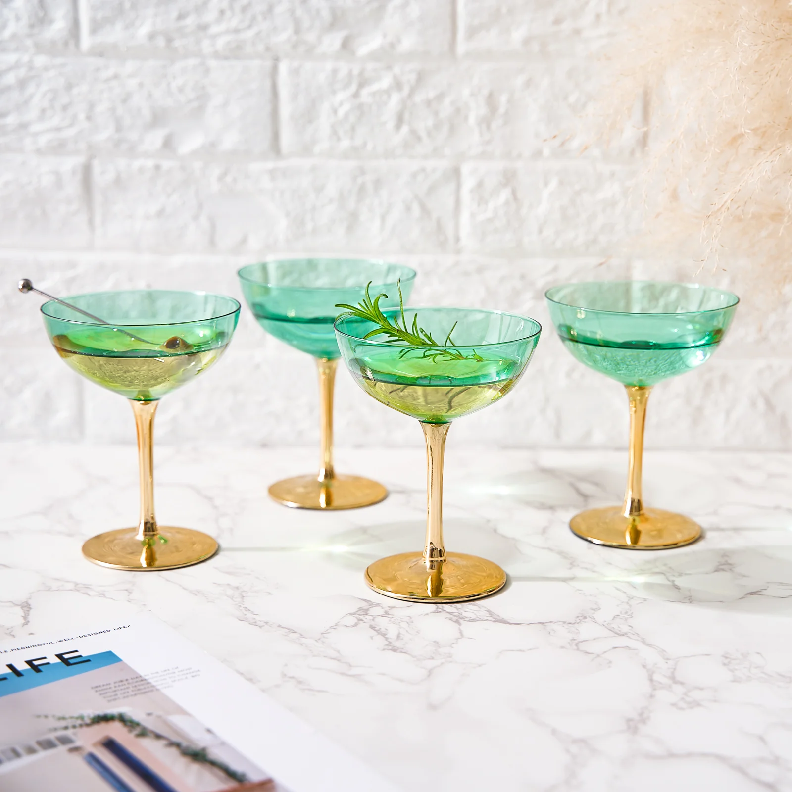 Colored Coupe Art Deco Glasses, Gold | Set of 4 | 8 oz (Green) - Keen Glass Solutions