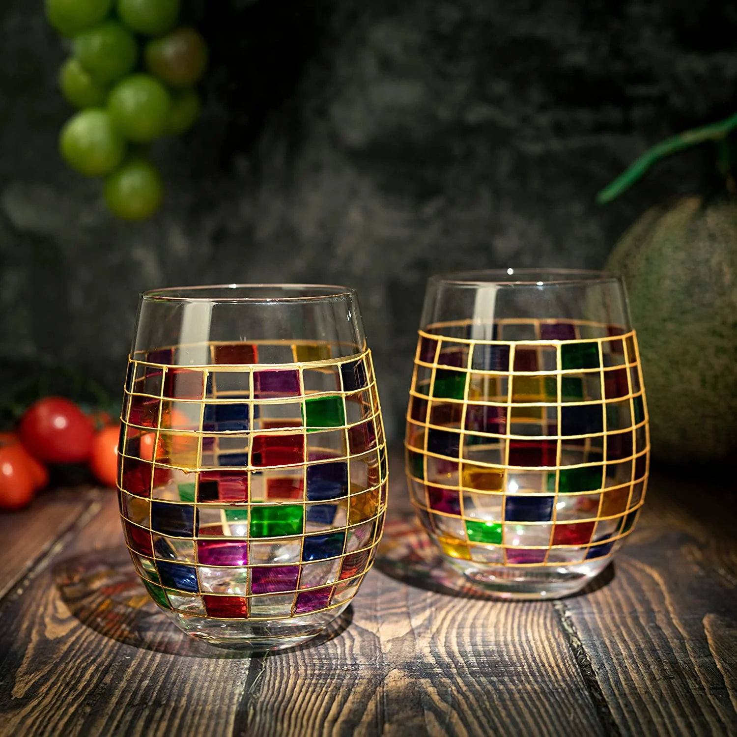 Renaissance Stained Wine Glasses Set of 2 (Stemless) - Keen Glass Solutions