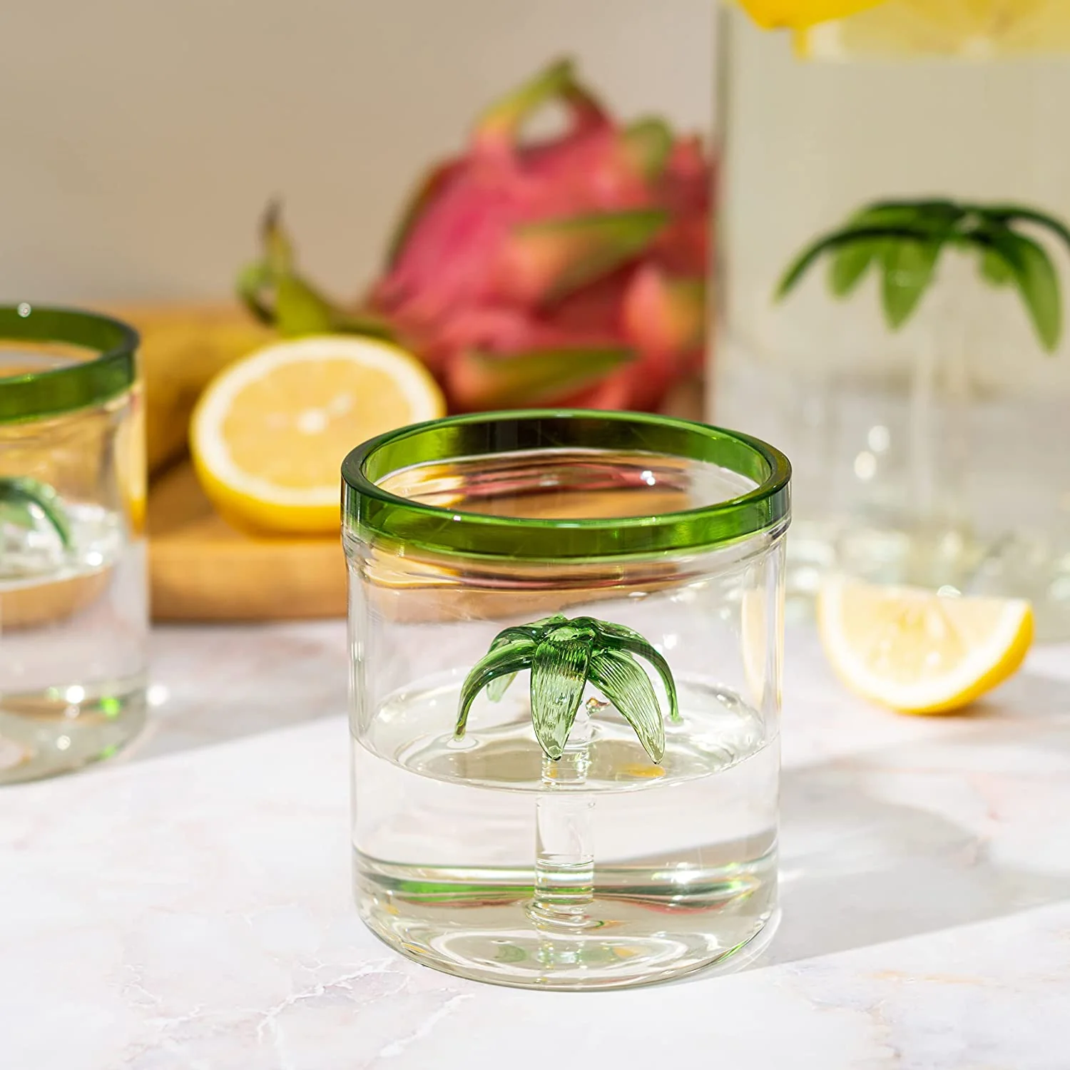 Palm Tree Pitcher & 4 Glasses Set Decanter, 9 oz - Keen Glass Solutions