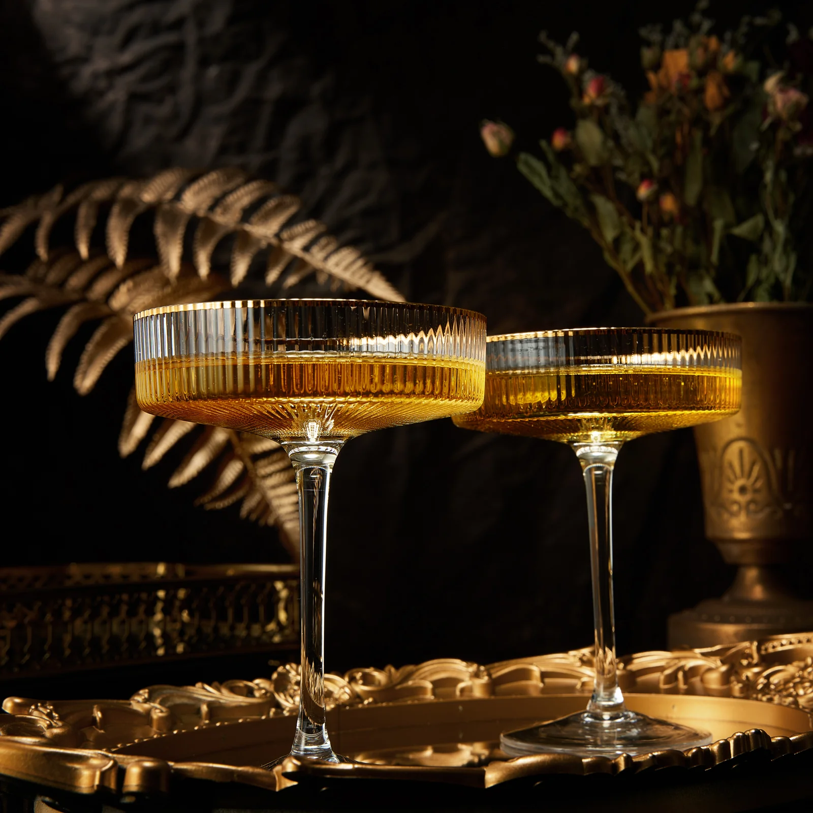 Ribbed Coupe Cocktail Glasses With Gold Rim 8 oz | Set of 2 - Keen Glass Solutions