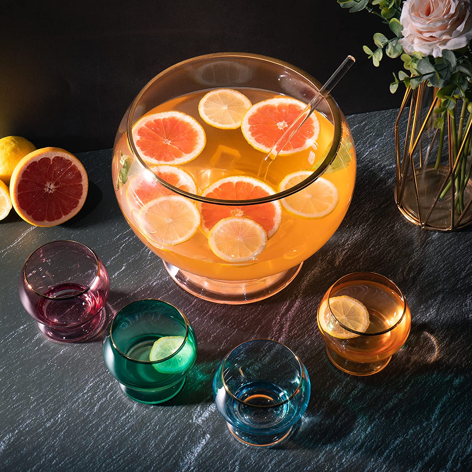 Colorful 1.7 Gallon Punch Bowl with 4 10oz Glasses Set - Keen Glass Solutions