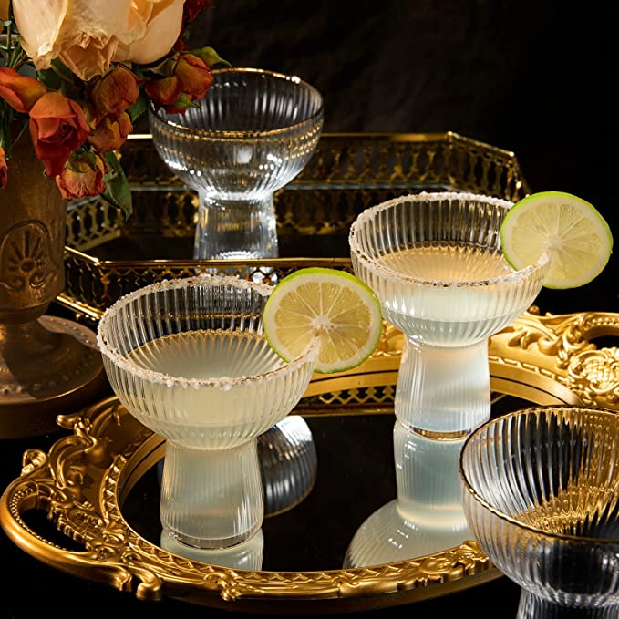 Ribbed Stemless Margarita Glasses with Gold Rim - Set of 4 (10 OZ) - Keen Glass Solutions