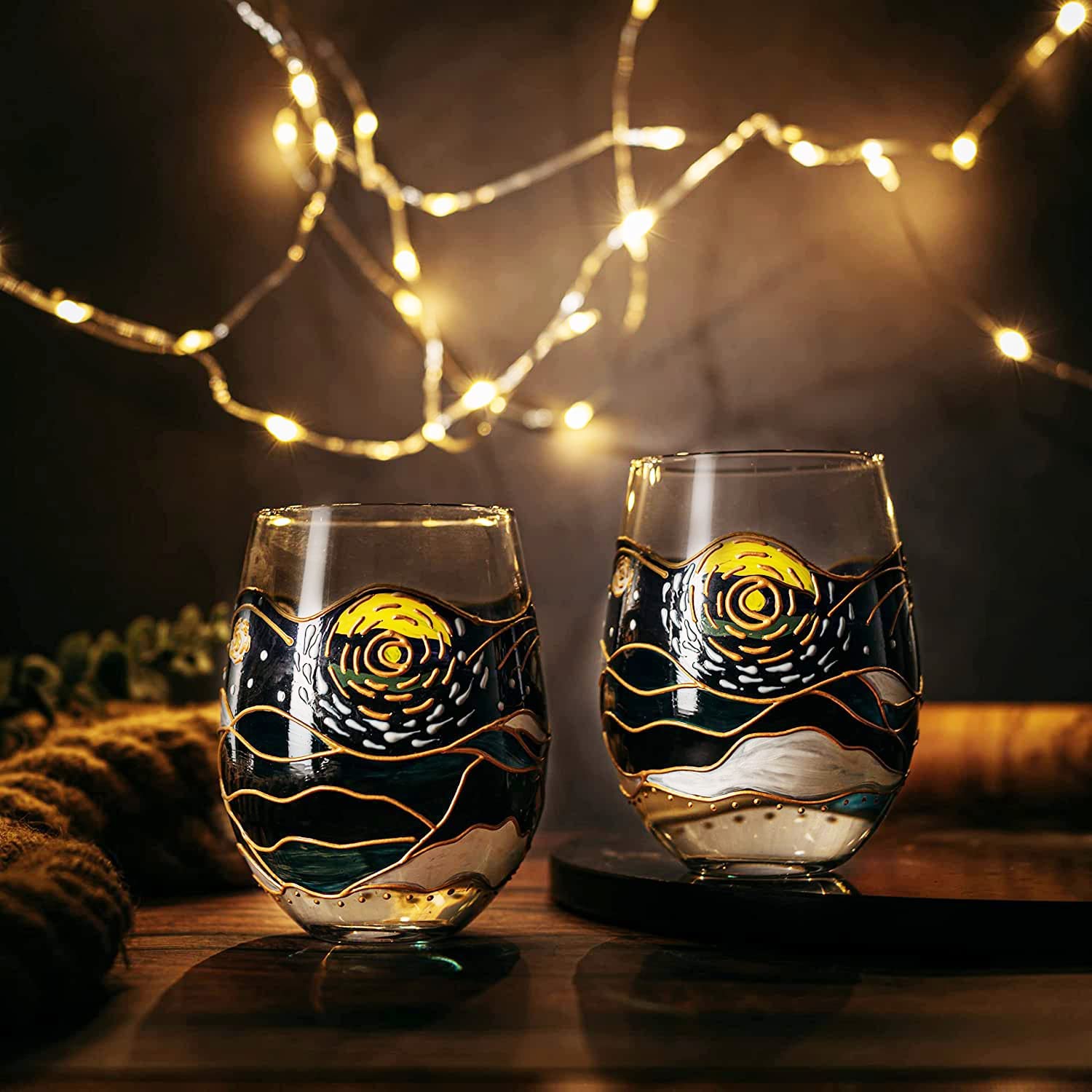 Vincent Van Gogh Wine Glasses Artisanal Hand Painted Stemless Set of 2 - Keen Glass Solutions