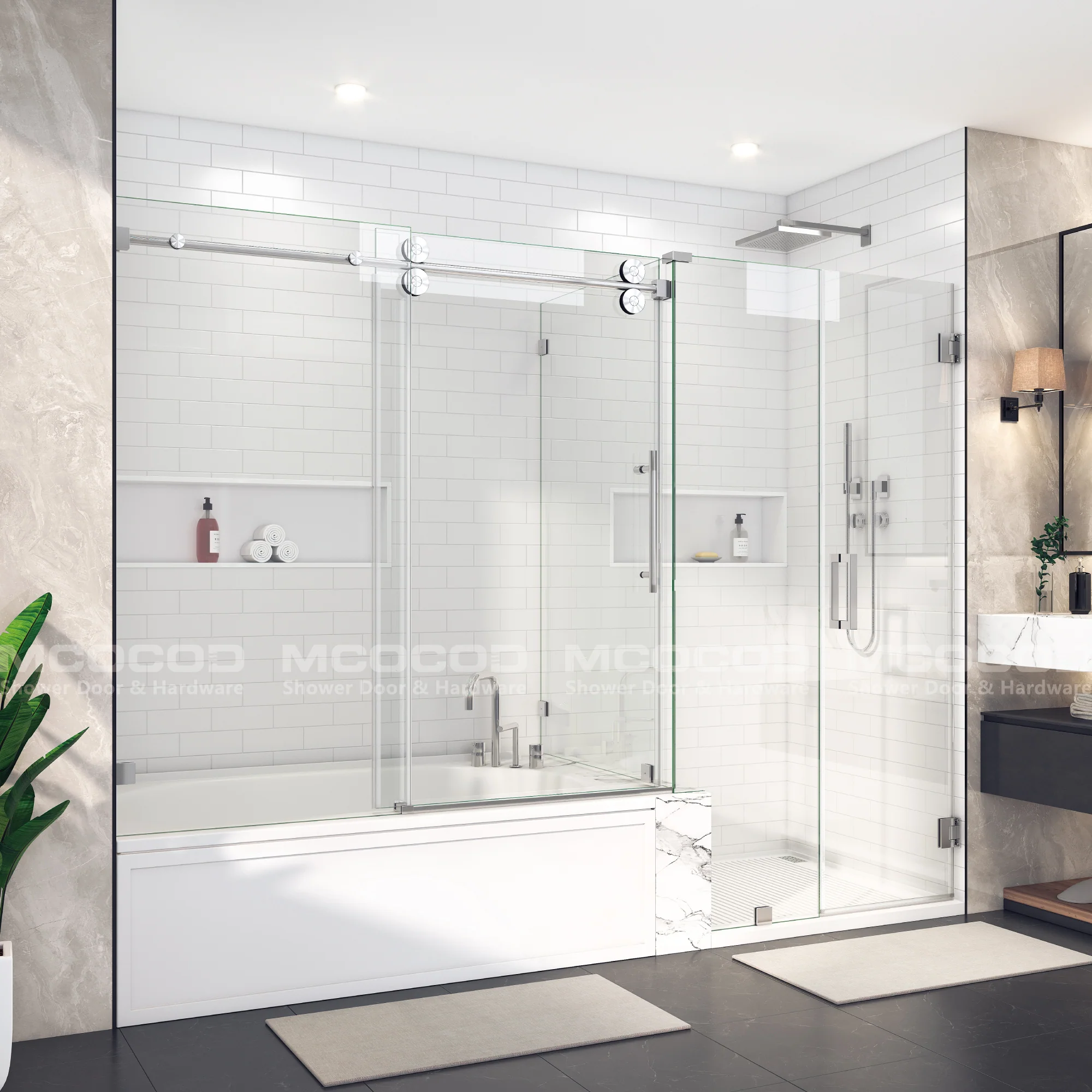 Customize Large Openings Spaces SS04+H06-04 for Single Sliding Bathtub Shower Door and Frameless Swing Glass Door - Keen Glass Solutions