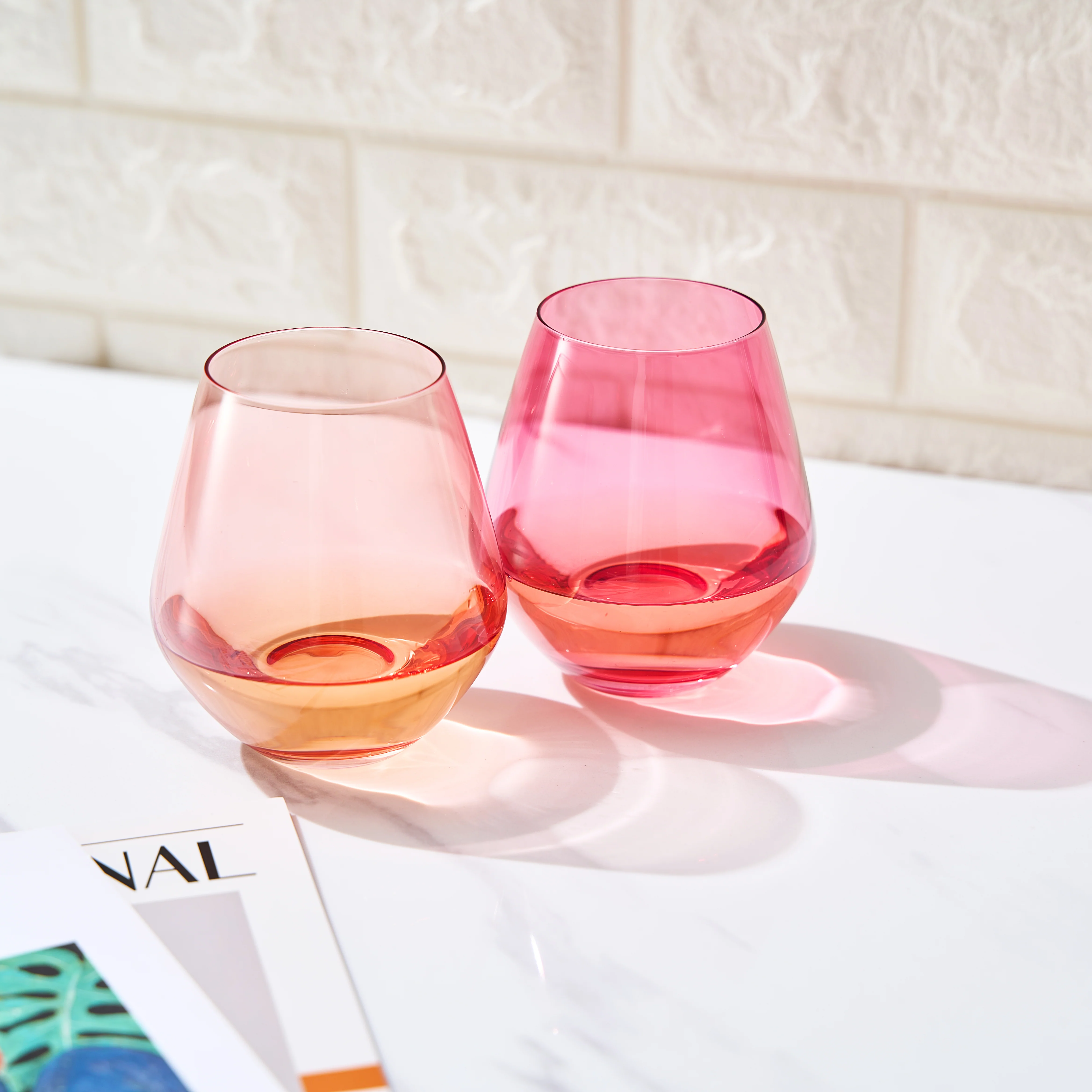 Coral & Fuchsia Colored Wine Glassware | Set of 2 | Large 16 oz Stemless Glasses - Keen Glass Solutions