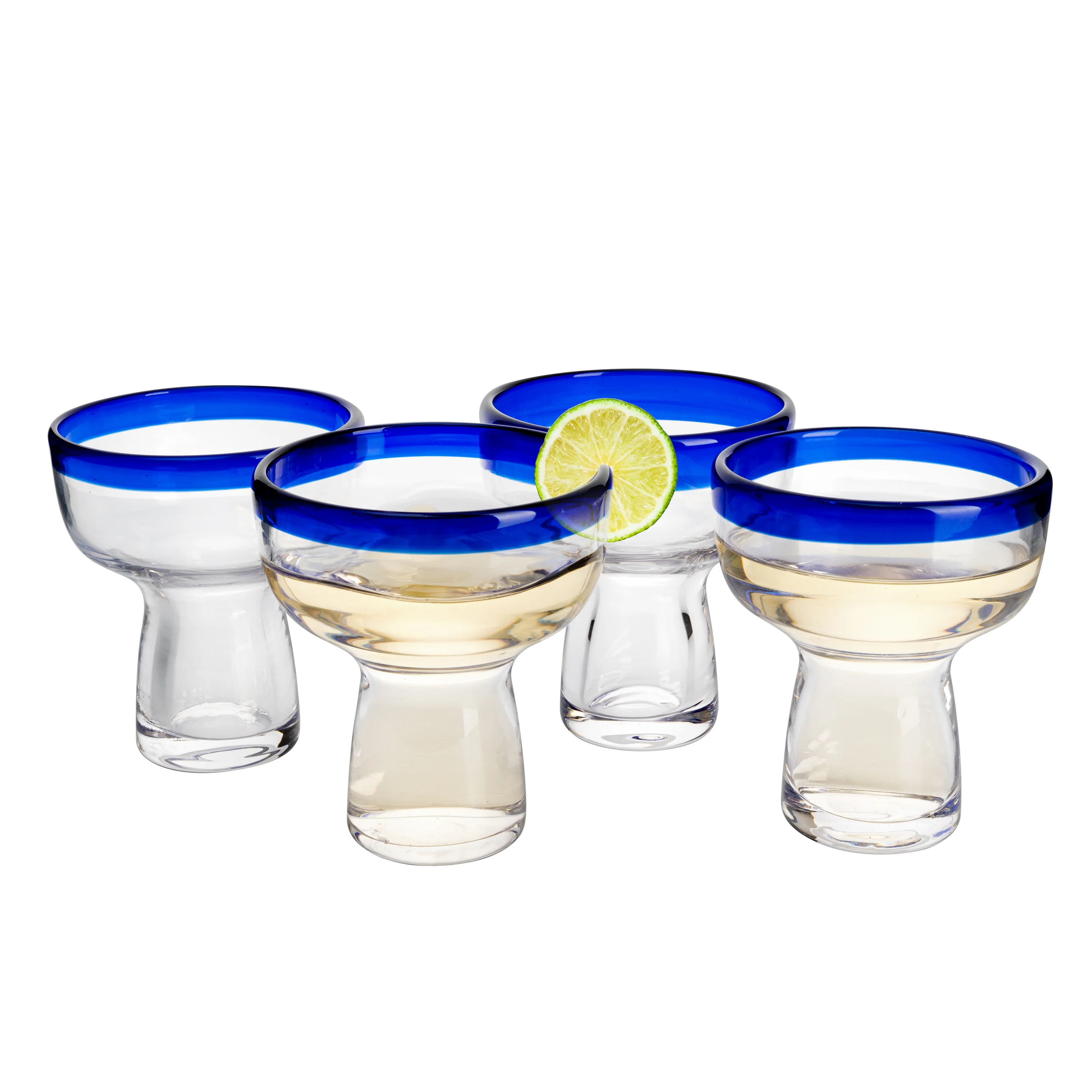 Mexican Hand Blown Blue Rim Margarita Glasses - Set of 4 - Keen Glass Solutions