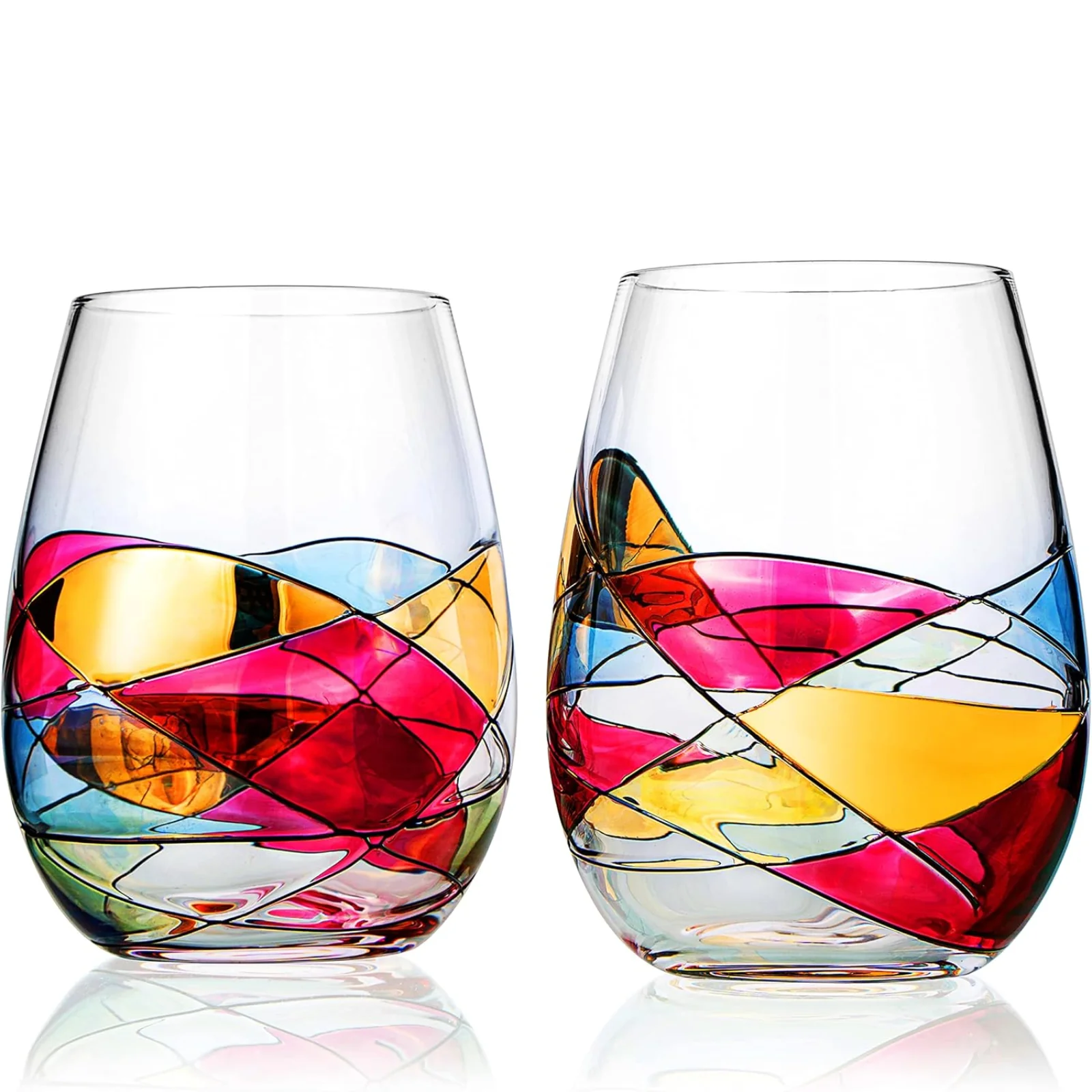 Artisanal Hand Painted Stemless - Windows Wine Glasses Set of 2 - Keen Glass Solutions