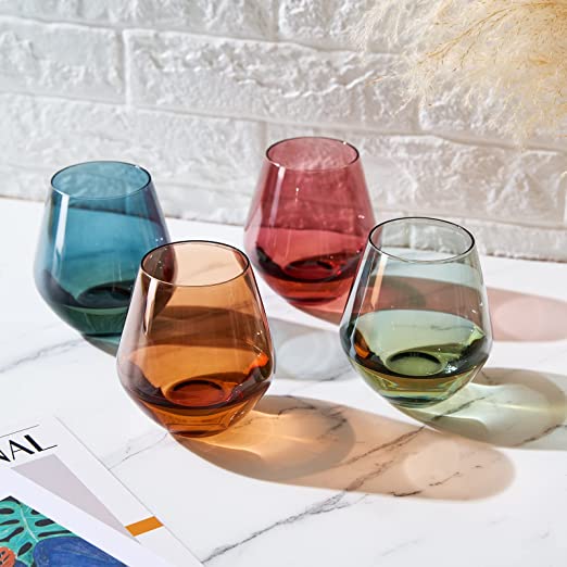 Colored Stemless Crystal Wine Glass Set of 4 - Large 16 oz (Pastel) - Keen Glass Solutions
