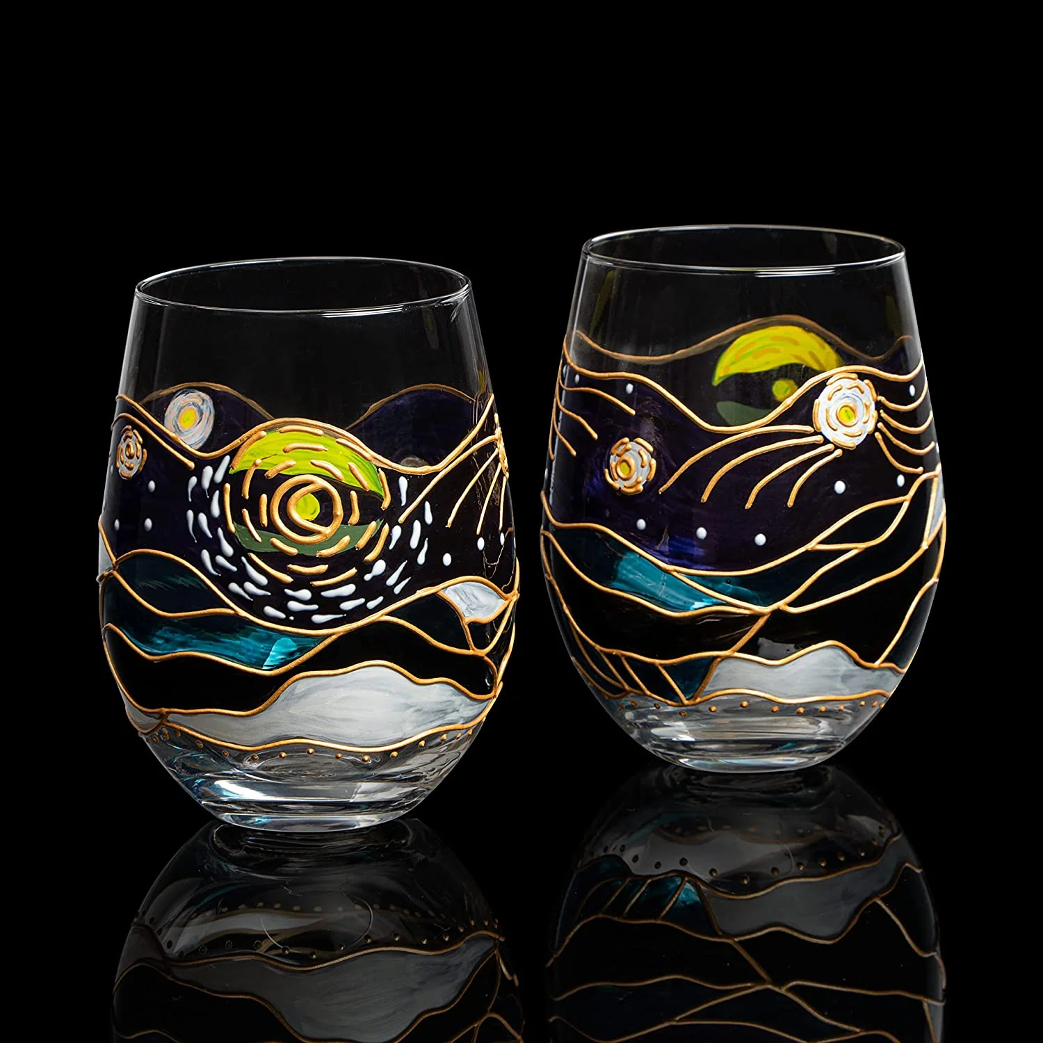 Vincent Van Gogh Wine Glasses Artisanal Hand Painted Stemless Set of 2 - Keen Glass Solutions