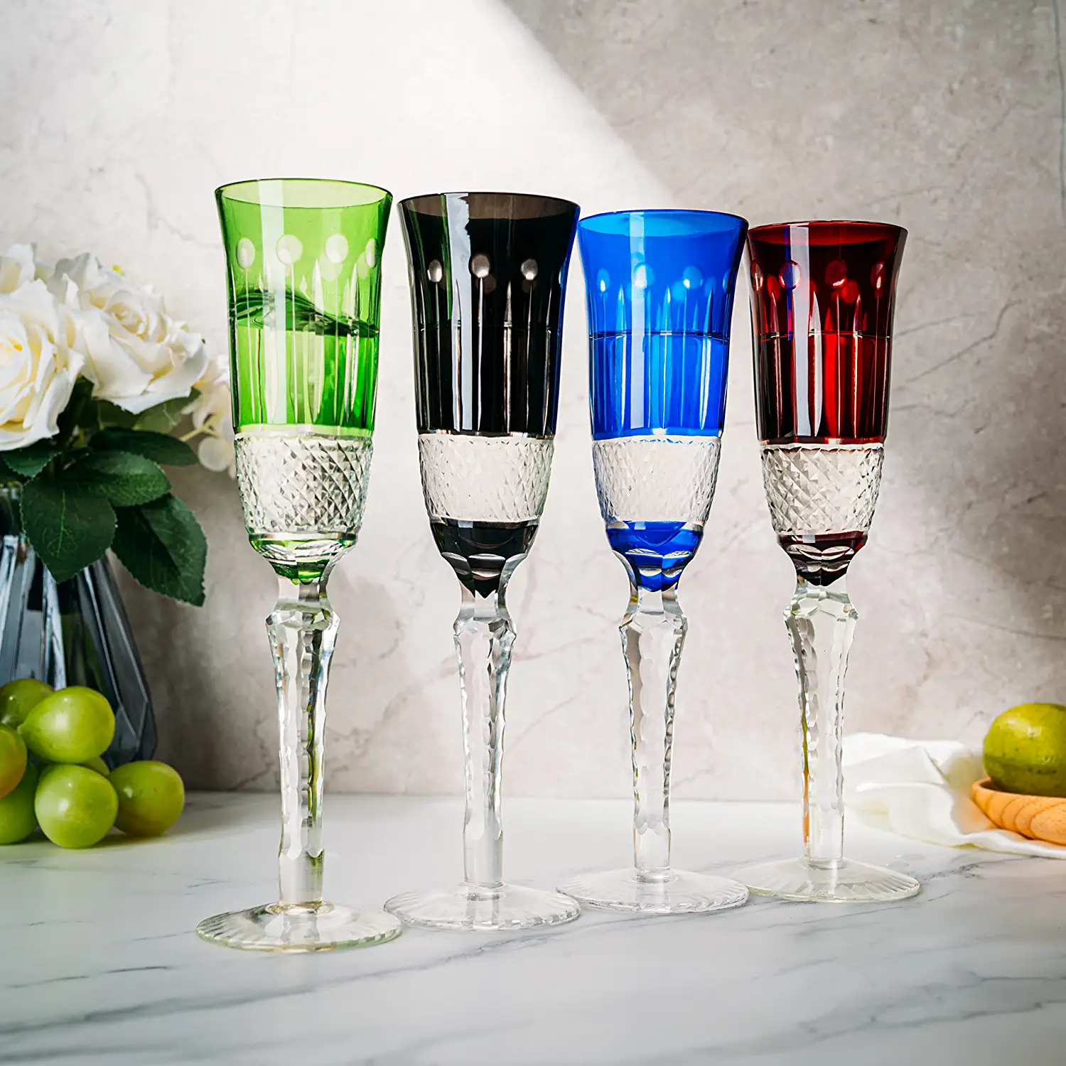 Crystal Italian Multicolor Design Flutes - 4 Set - 5oz 9