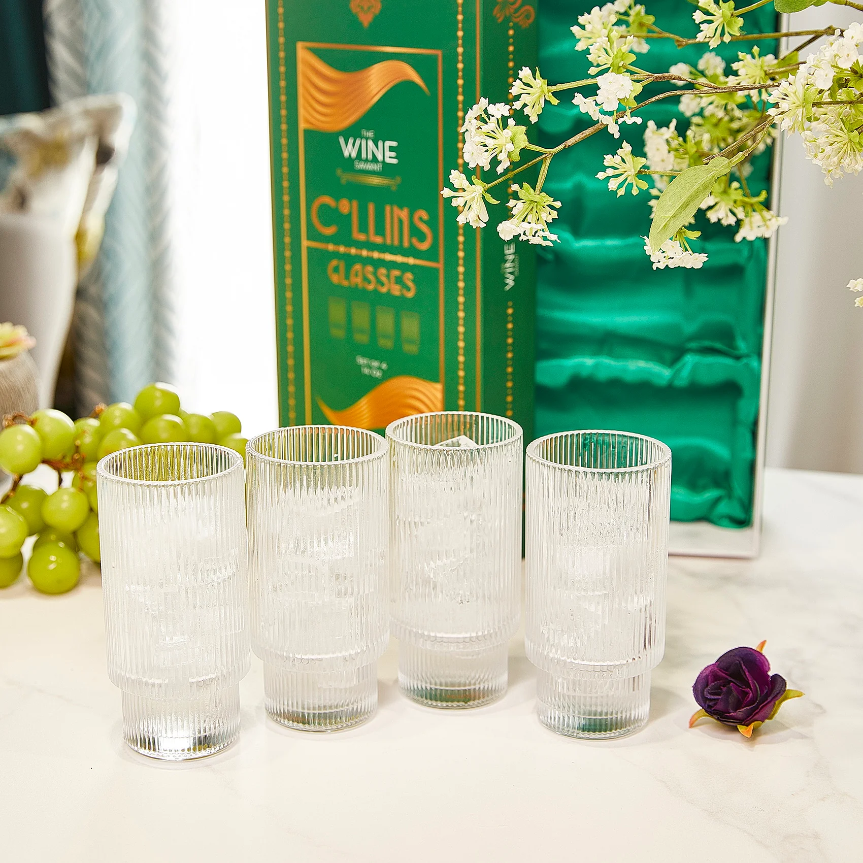 Vintage Art Deco Crystal Highball Ribbed Glass Set of 4 - 14oz - Keen Glass Solutions