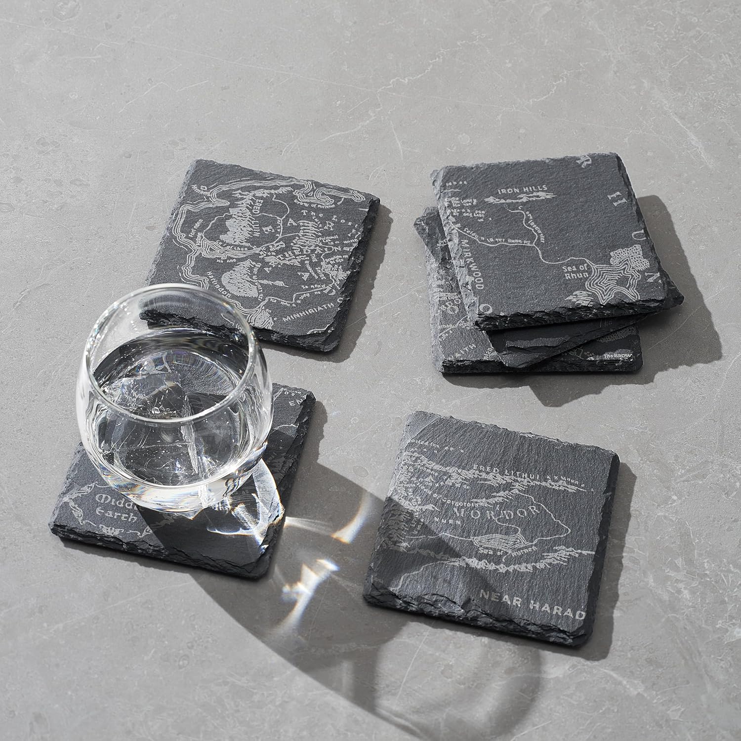Middle Earth Map Coasters Set of 6 - Fantasy Slate Drink Coasters - Keen Glass Solutions