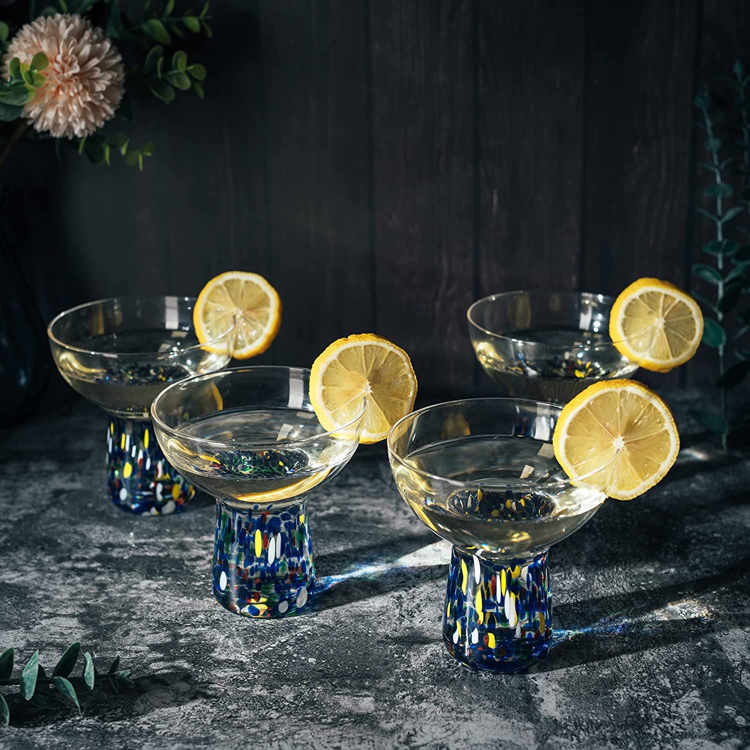 Stemless Margarita Glass – Set of 4 - Luxury Hand Blown Confetti Margaritas - Keen Glass Solutions