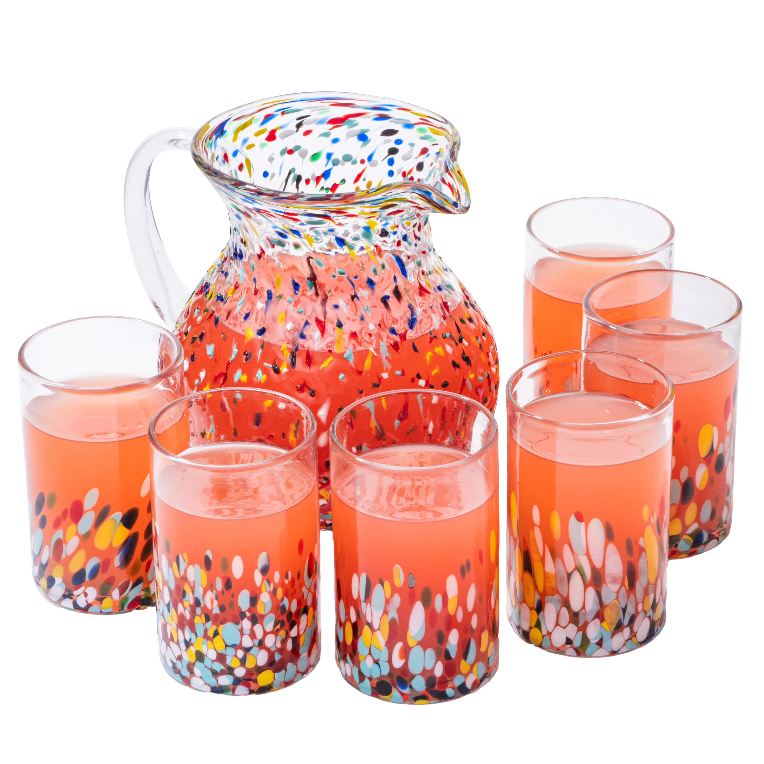 Hand Blown Mexican Drinking Glasses and Pitcher – Set of 6 (Confetti) - Keen Glass Solutions