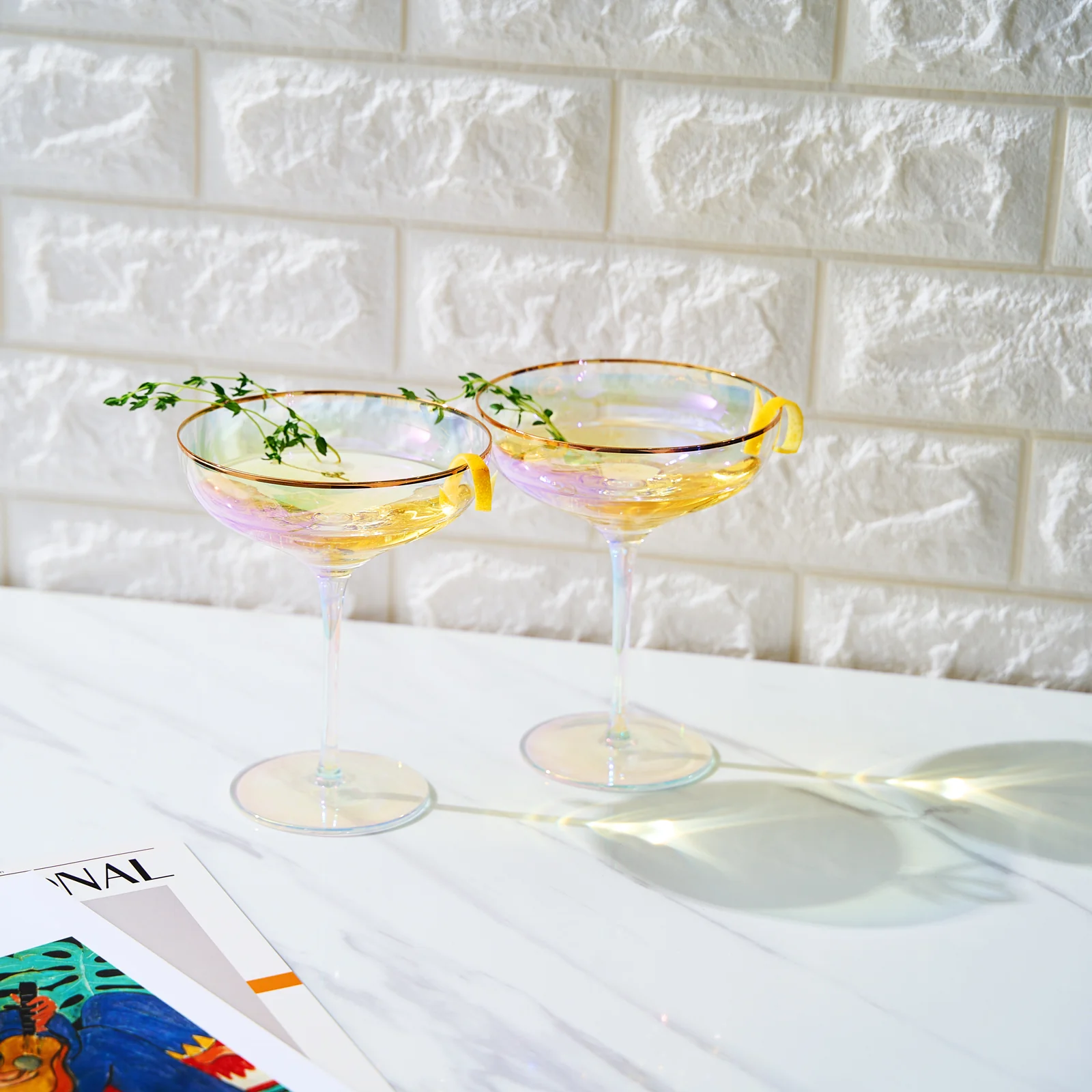 Iridescent Colored Gilded Rim Coupe Glass, 2-Set Large 9oz - Keen Glass Solutions