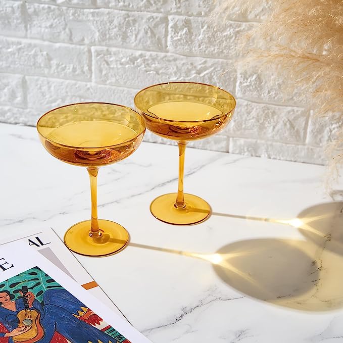 Colored Sunset Yellow & Gilded Rim Coupe Glass, 9oz - Keen Glass Solutions
