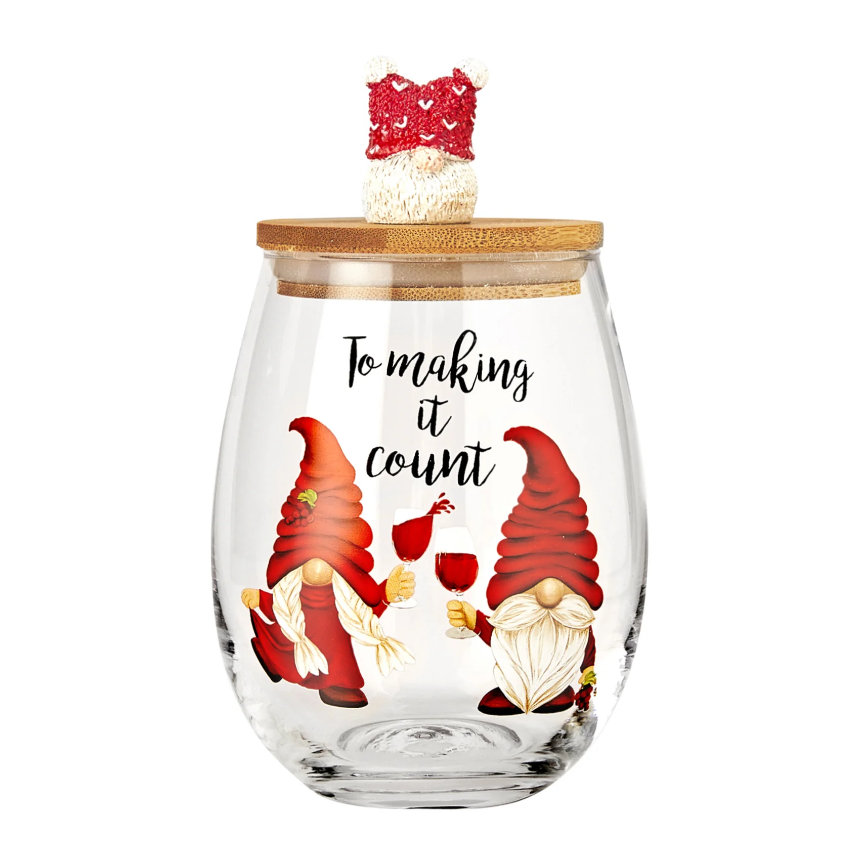 Christmas Gnome Wine & Water Glasses With Dwarf Wood Cover - Set of 2-17.5oz - Keen Glass Solutions