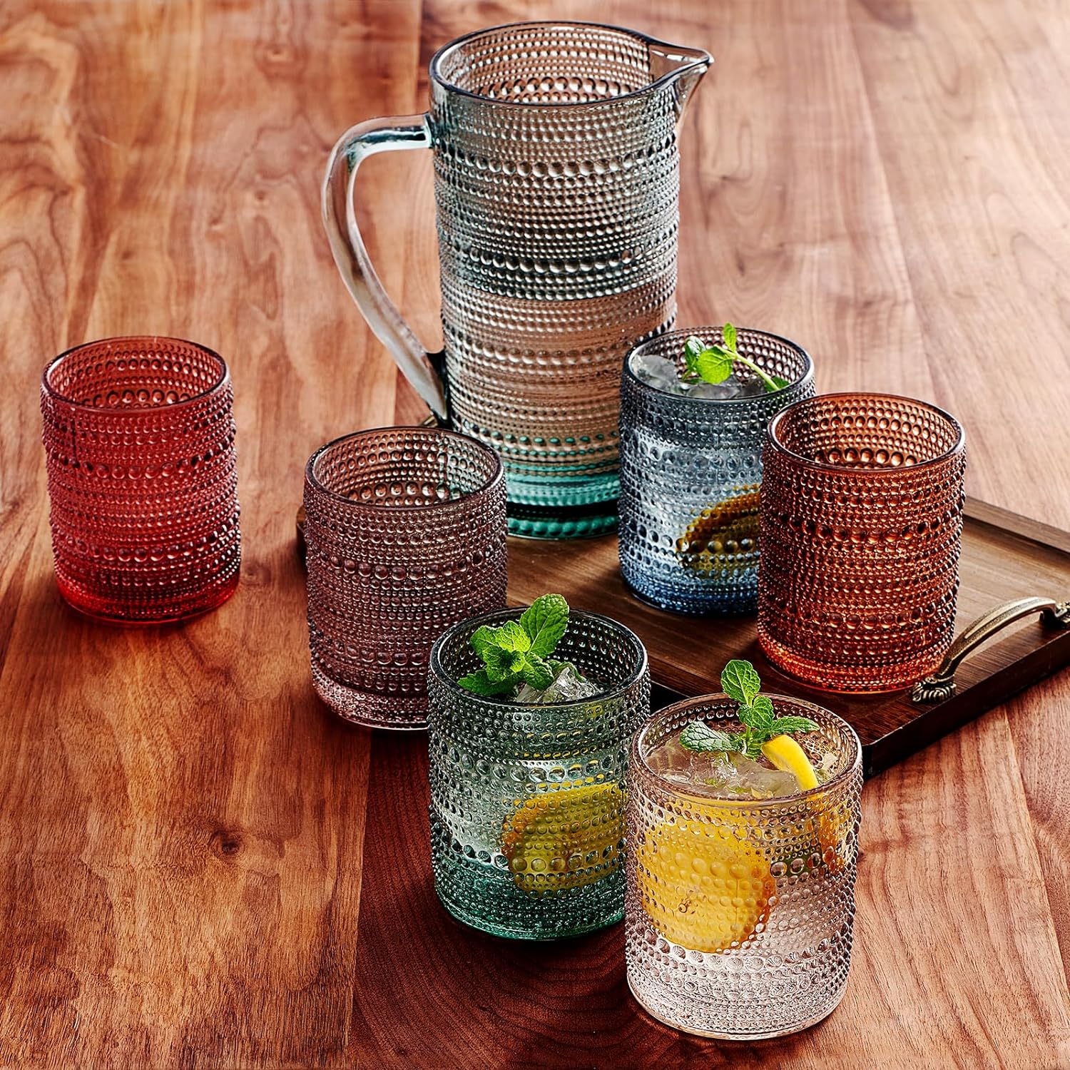 Hobnail Beaded Pitcher & Tumbler Glasses Set | Set of 6 - Keen Glass Solutions