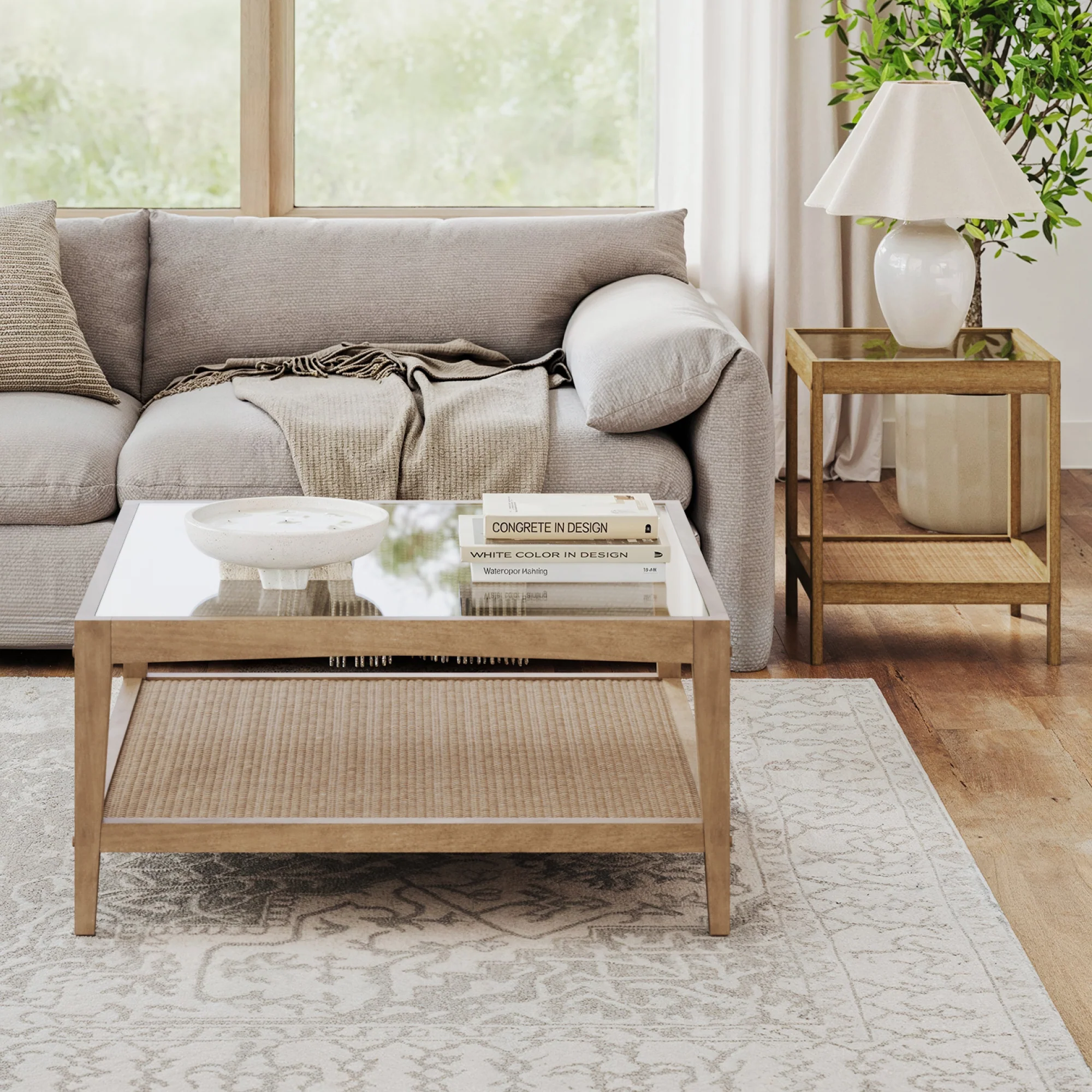 Glass Coffee Table & End Table Set with Rattan Shelf - Keen Glass Solutions