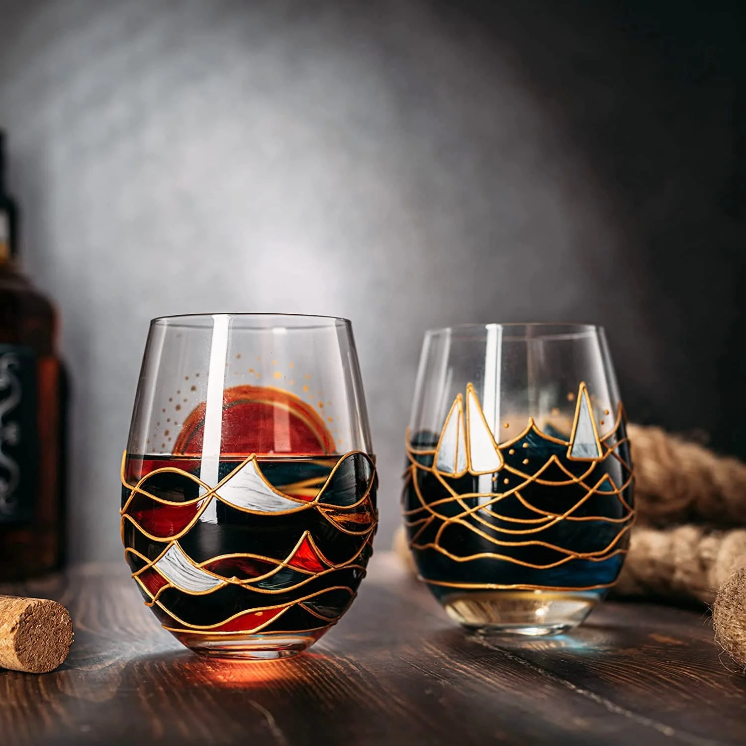 Artisanal Hand Painted Sunrise Glasses, Stemless Set of 2 - Keen Glass Solutions