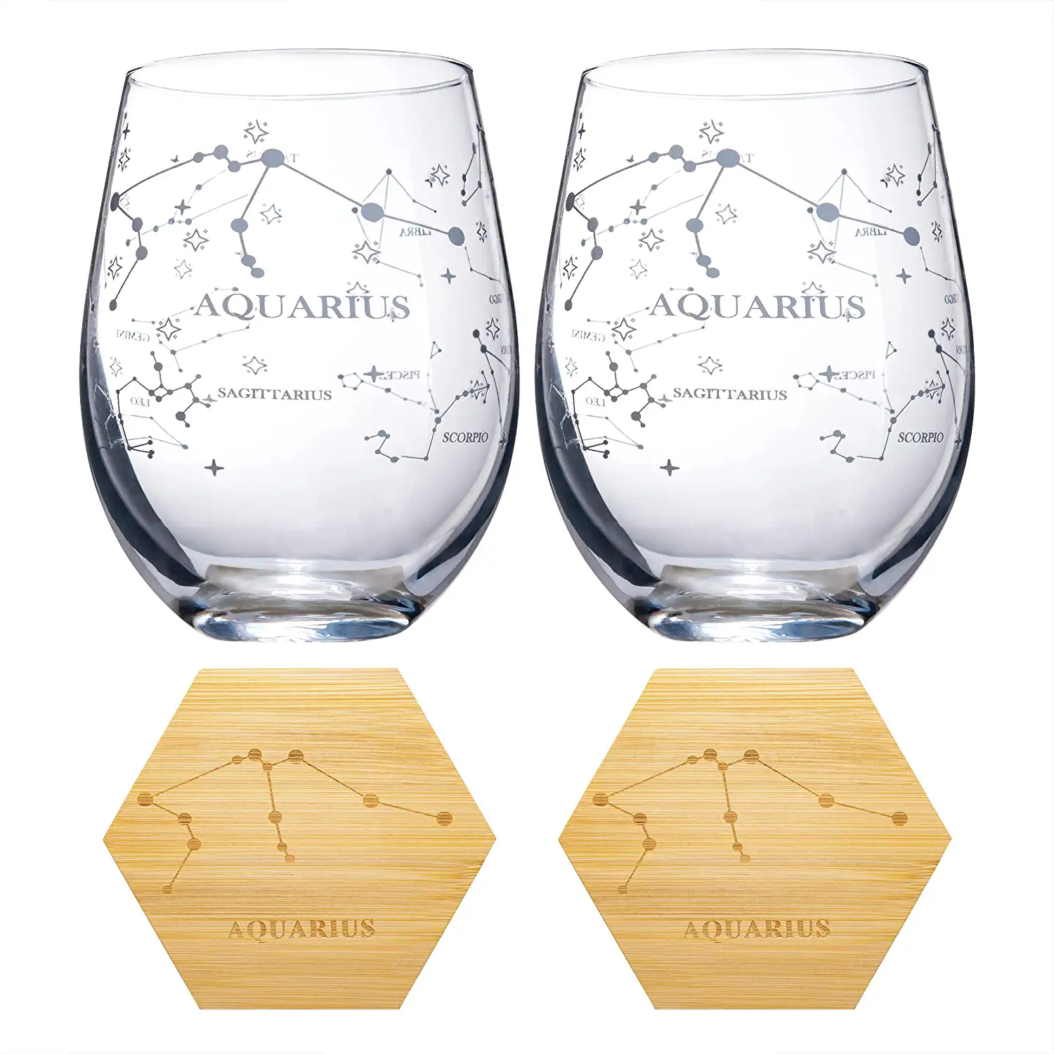 Set of 2 Zodiac Sign Wine Glasses with 2 Wooden Coasters (Aquarius) - Keen Glass Solutions