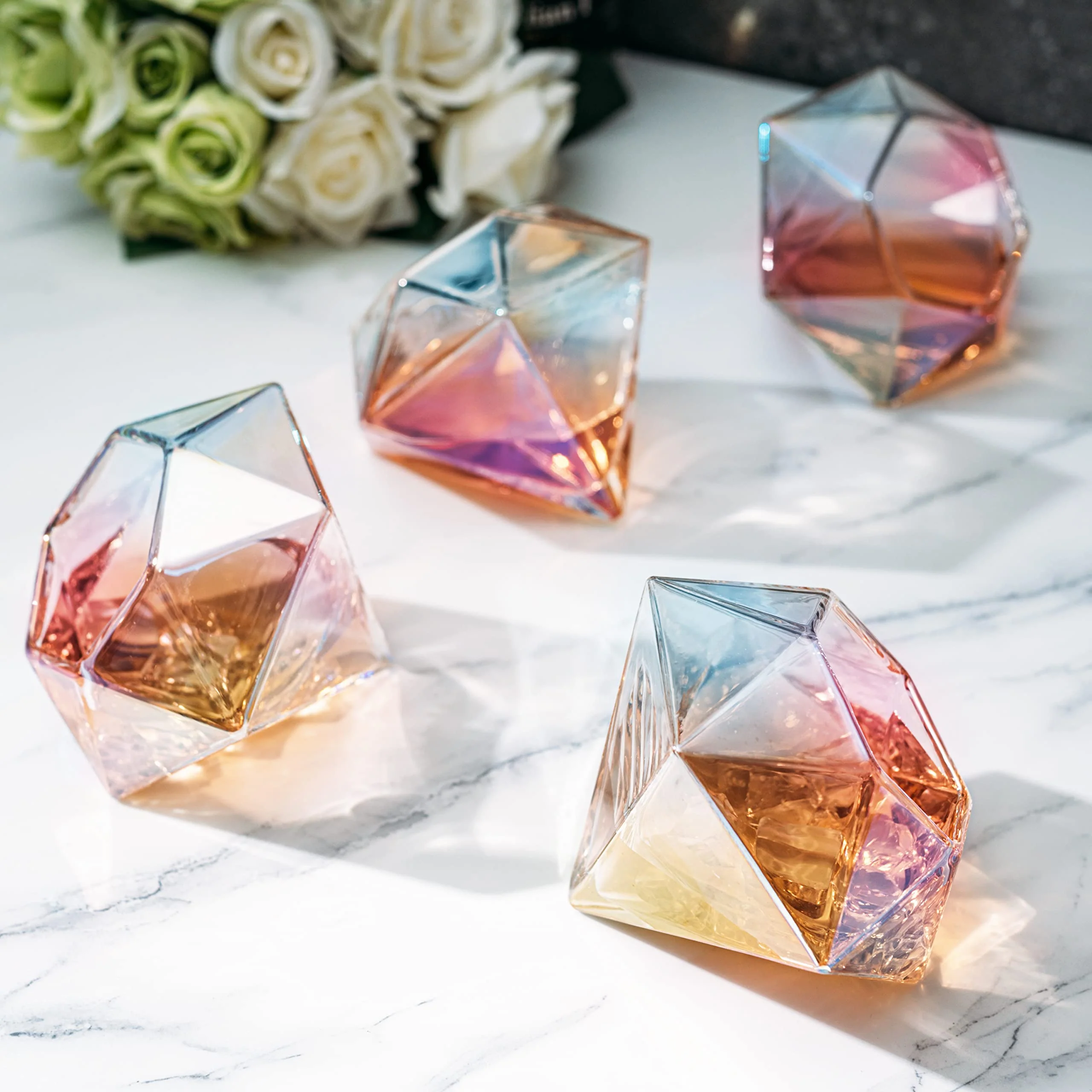 Set of 4 Diamond Whiskey & Wine Glasses 10oz (Iridescent) - Keen Glass Solutions