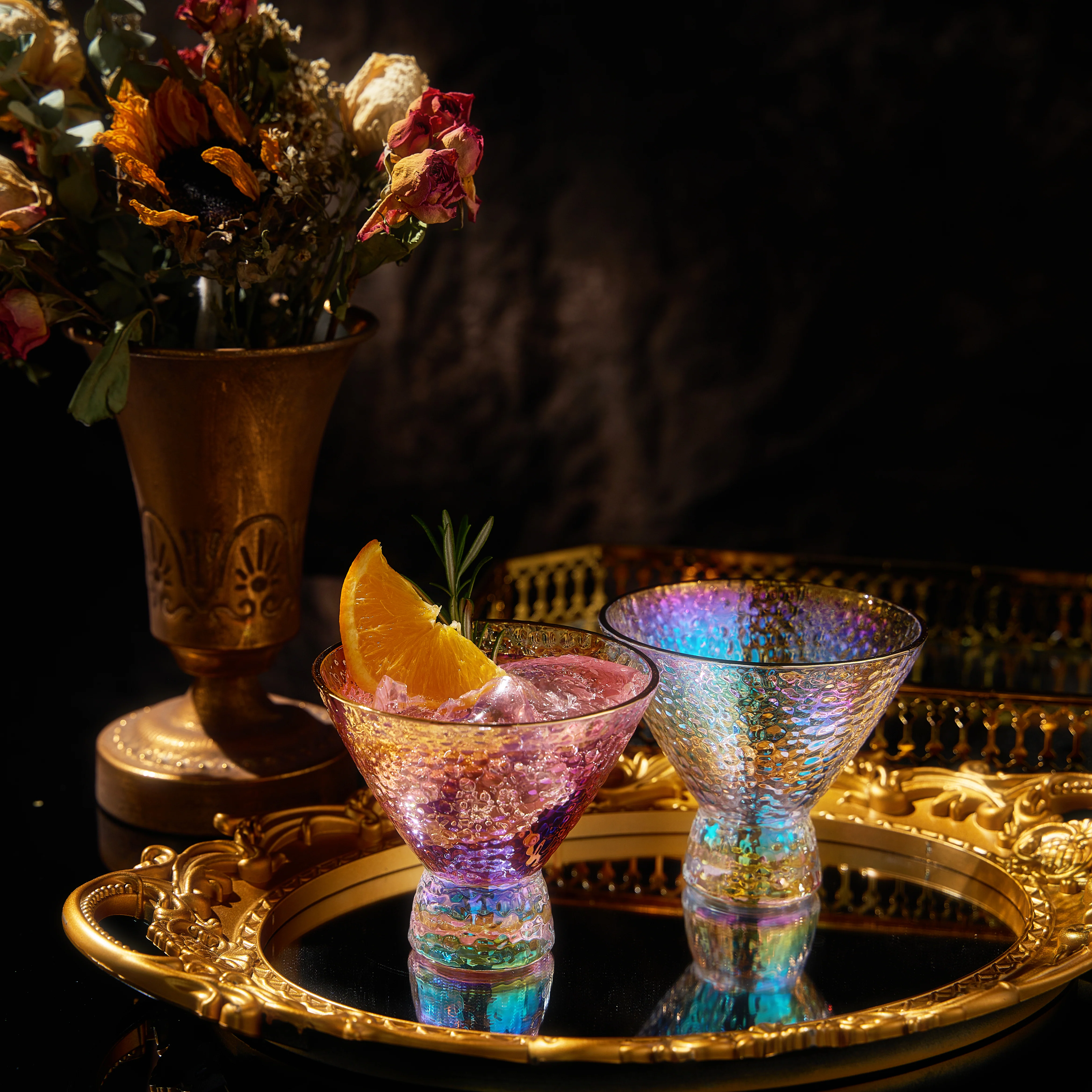Iridescent Lustered Stemless Martini Glasses Set of 2 - Keen Glass Solutions