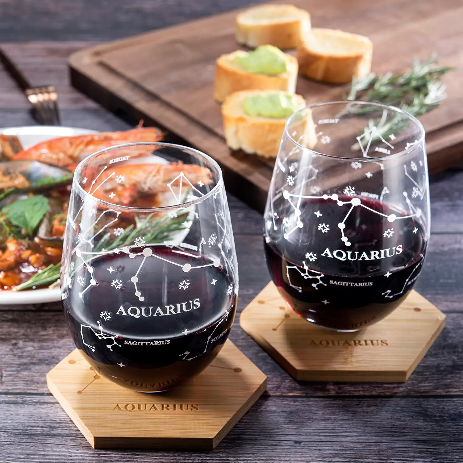Set of 2 Zodiac Sign Wine Glasses with 2 Wooden Coasters (Aquarius) - Keen Glass Solutions