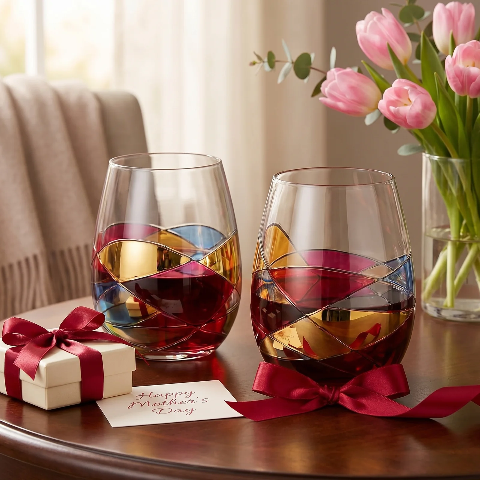 Artisanal Hand Painted Stemless - Windows Wine Glasses Set of 2 - Keen Glass Solutions