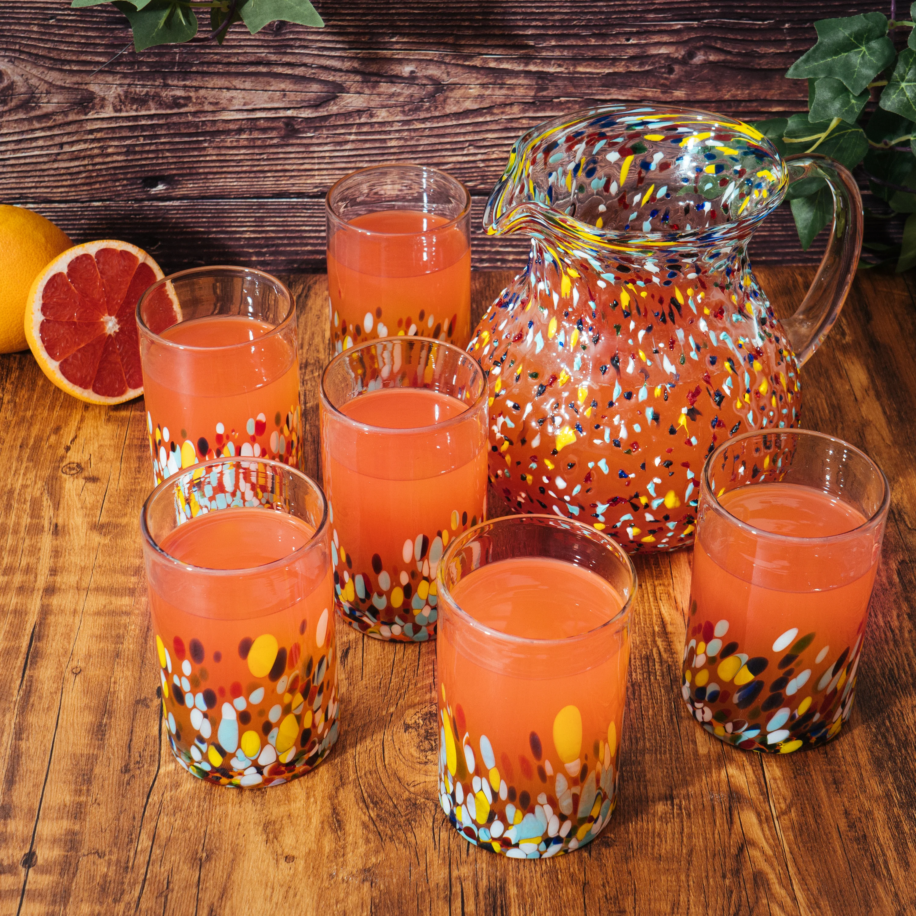 Hand Blown Mexican Drinking Glasses and Pitcher – Set of 6 (Confetti) - Keen Glass Solutions