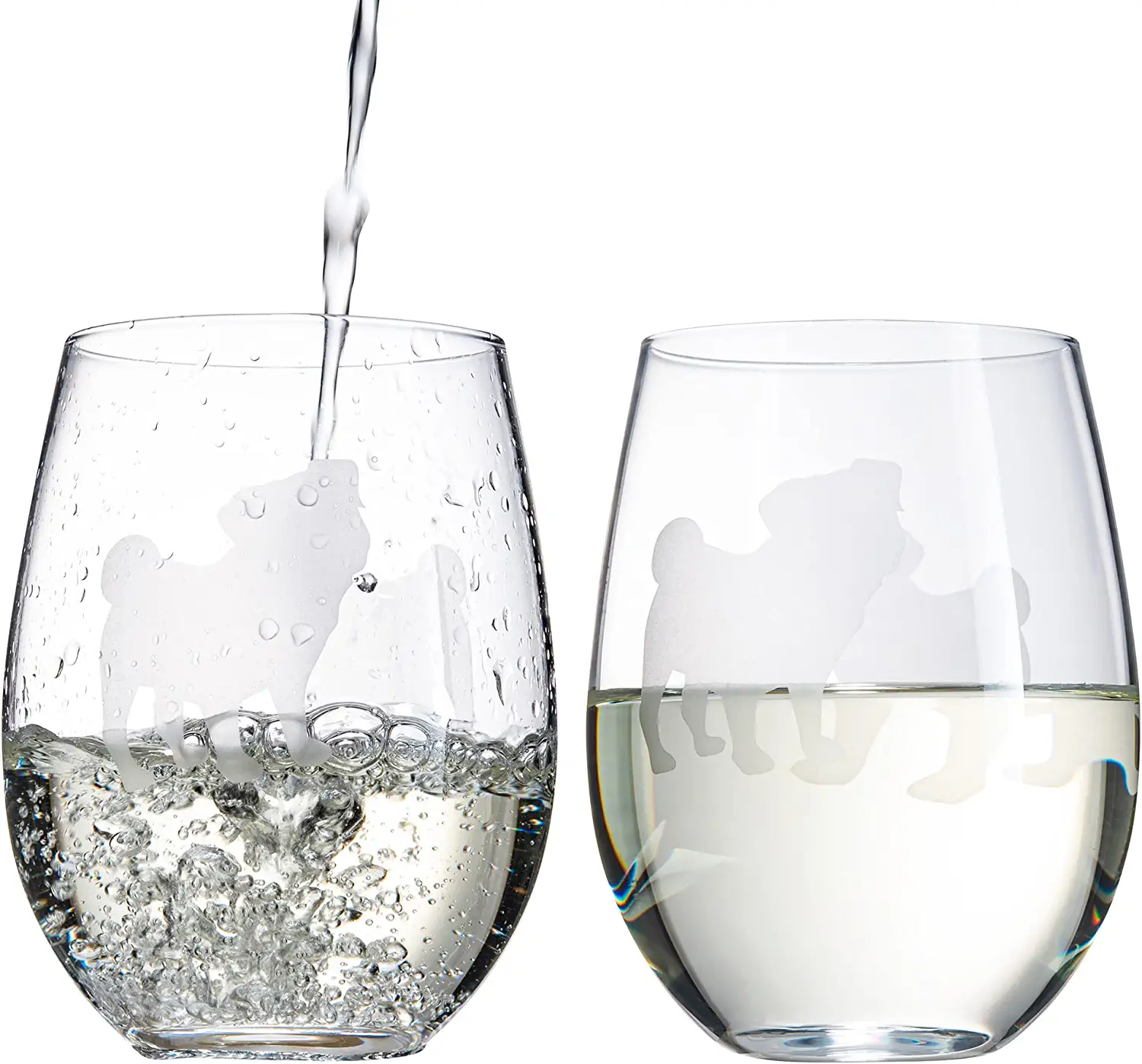 Set of 2 Pug Dog Stemless Wine Glasses - Keen Glass Solutions