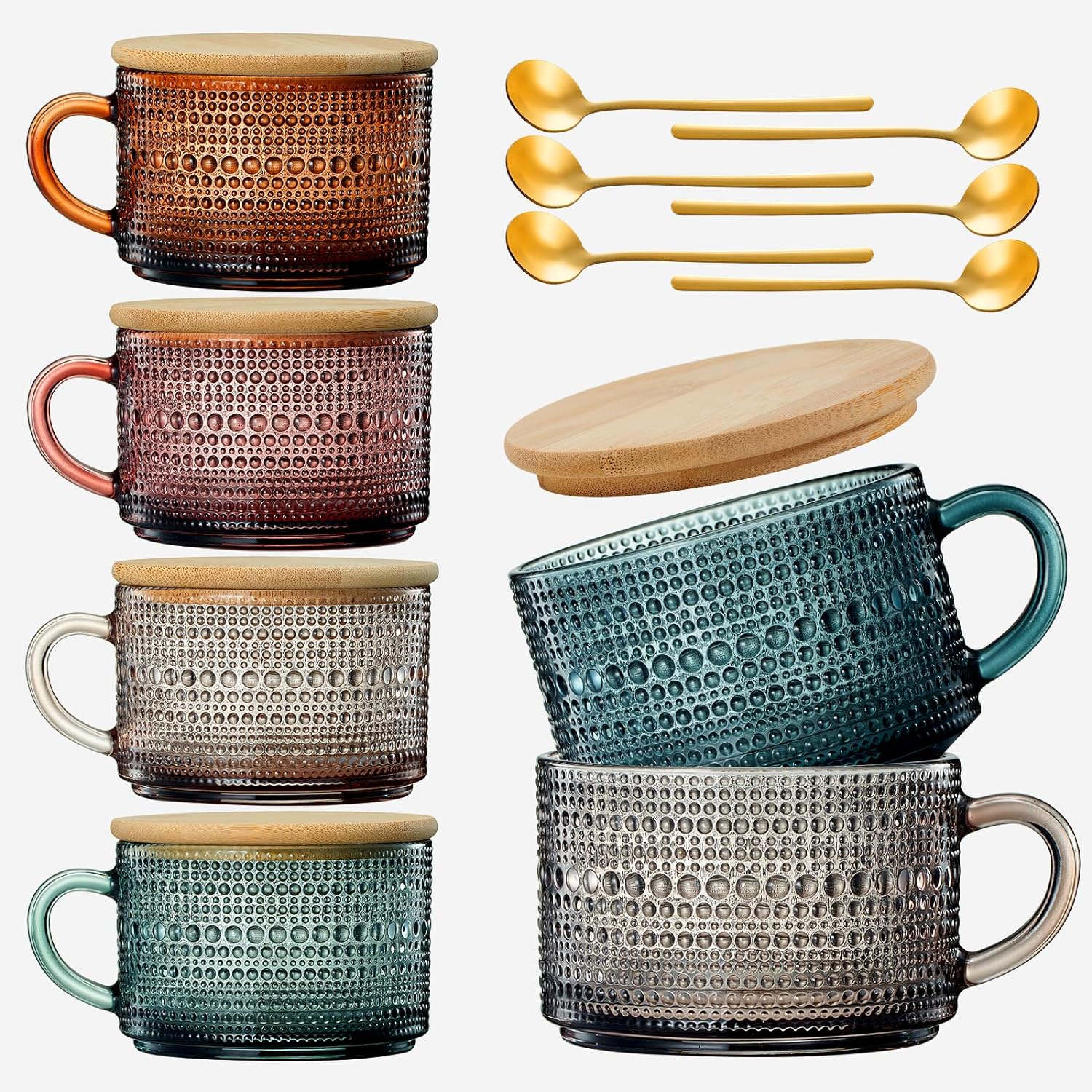 Vintage Colored Glass Coffee Mugs Set With Handles | Set of 6 | 15oz - Keen Glass Solutions