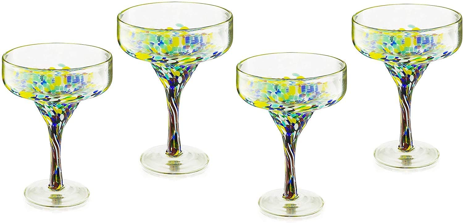 Mexican Design Hand Blown Margarita Glass – Set of 4 (Confetti Margarita) - Keen Glass Solutions