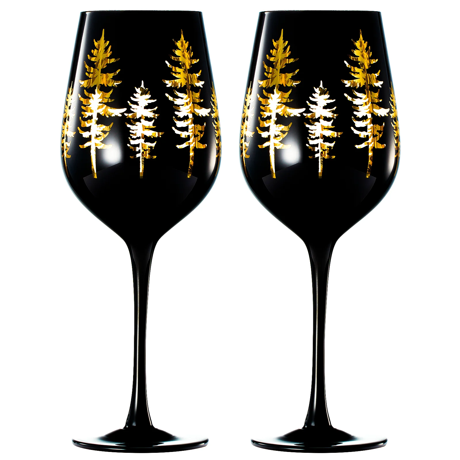 Crystal Winter Trees Black & Gold Stemmed Wine Glasses - Set of 2 - Keen Glass Solutions