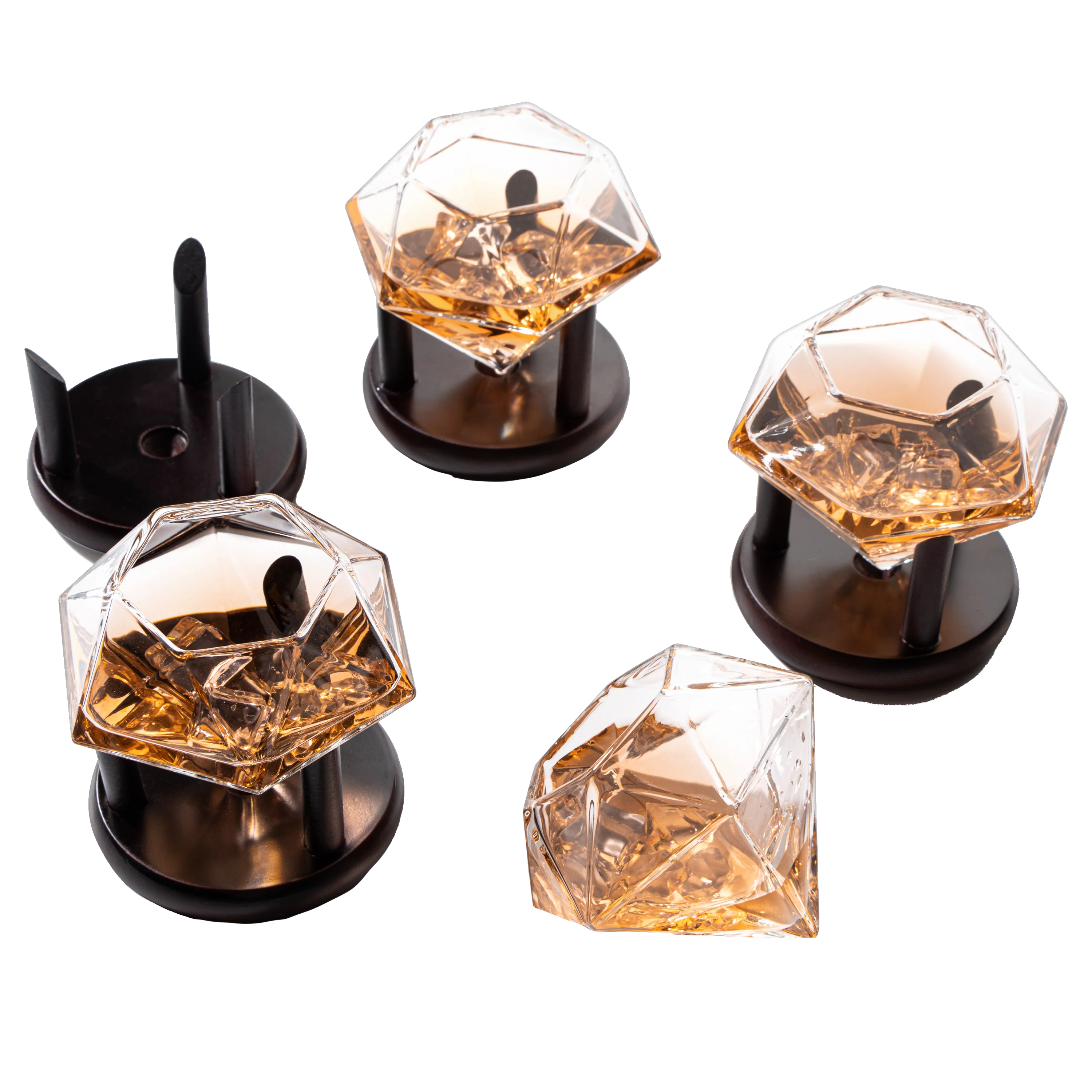 Set of 4 Diamond Whiskey & Wine Glasses With Wood Stands 10oz - Keen Glass Solutions
