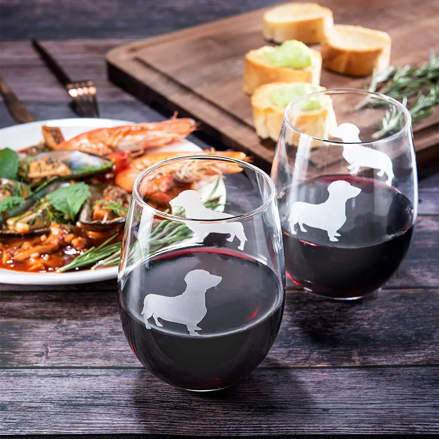 Set of 2 Dog Daschund Stemless Wine Glasses - Keen Glass Solutions