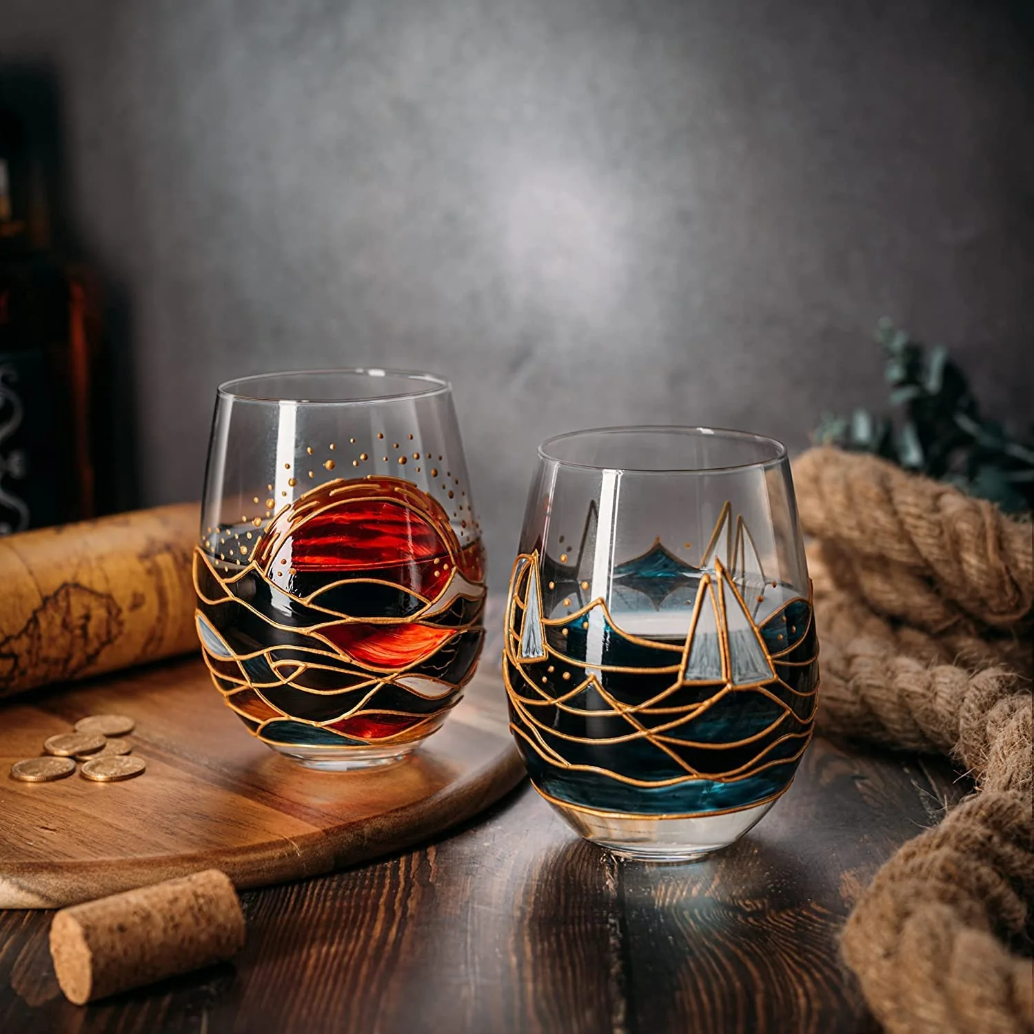 Artisanal Hand Painted Sunrise Glasses, Stemless Set of 2 - Keen Glass Solutions