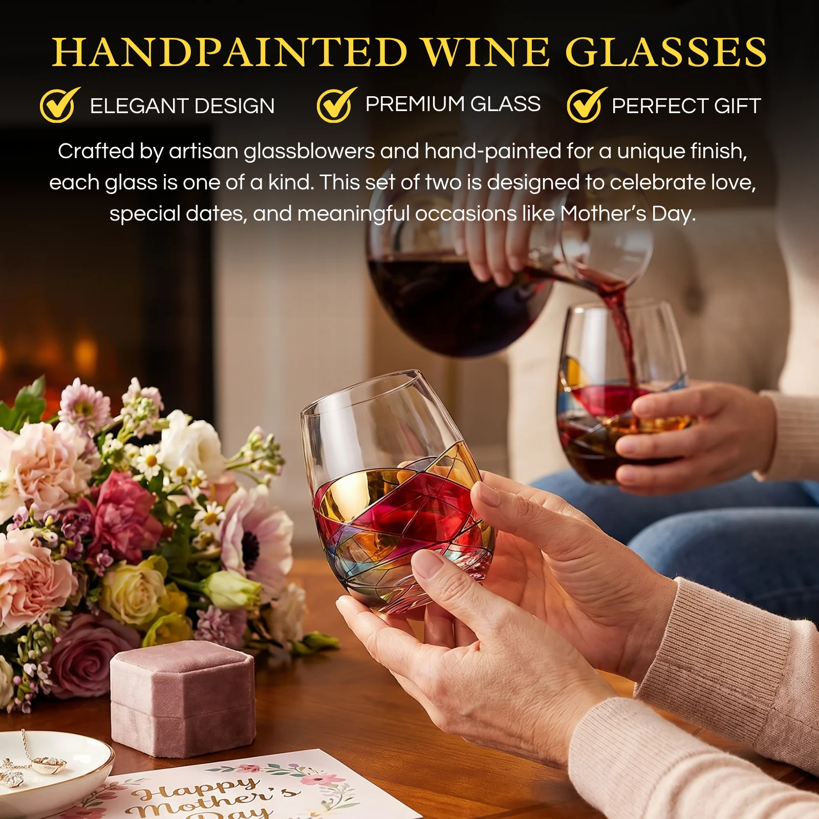 Artisanal Hand Painted Stemless - Windows Wine Glasses Set of 2 - Keen Glass Solutions
