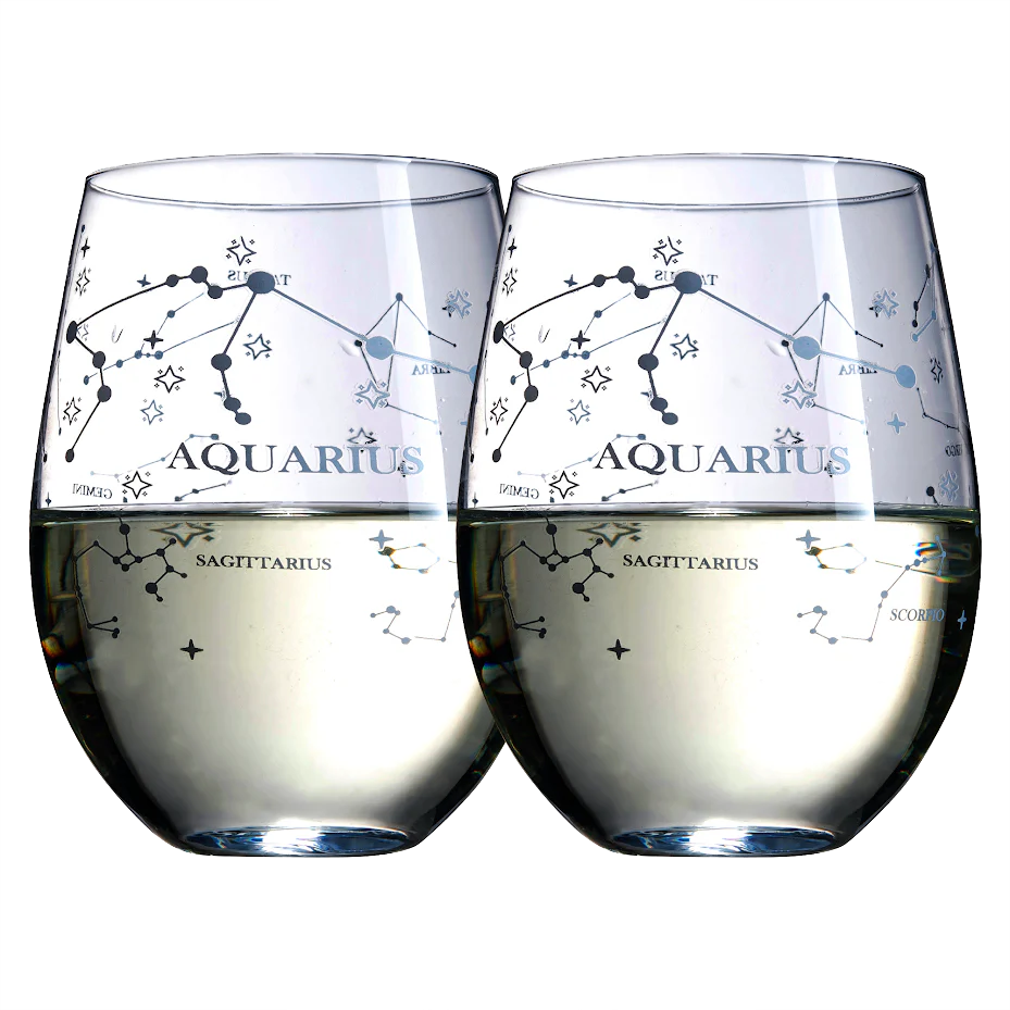 Set of 2 Zodiac Sign Wine Glasses with 2 Wooden Coasters (Aquarius) - Keen Glass Solutions
