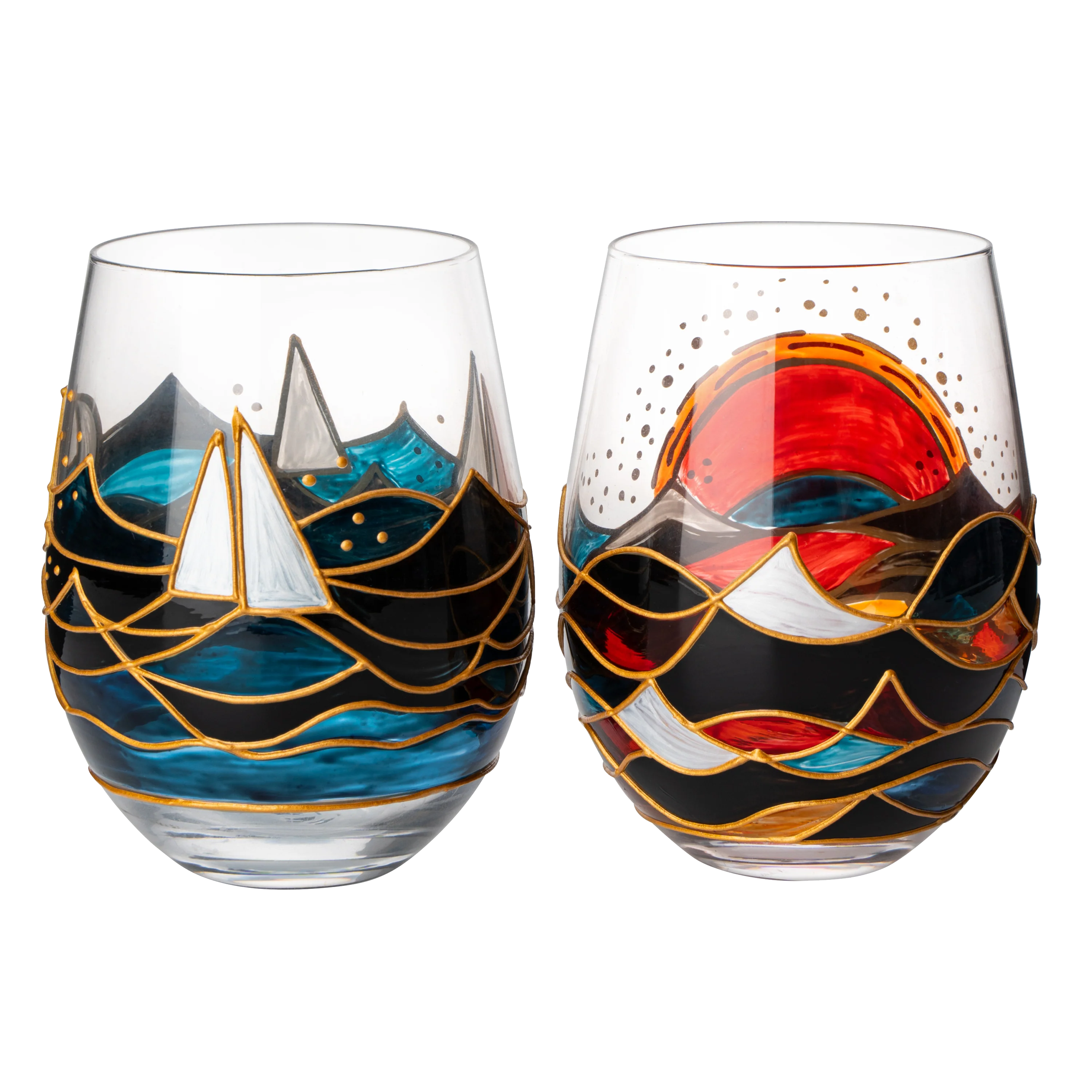 Artisanal Hand Painted Sunrise Glasses, Stemless Set of 2 - Keen Glass Solutions