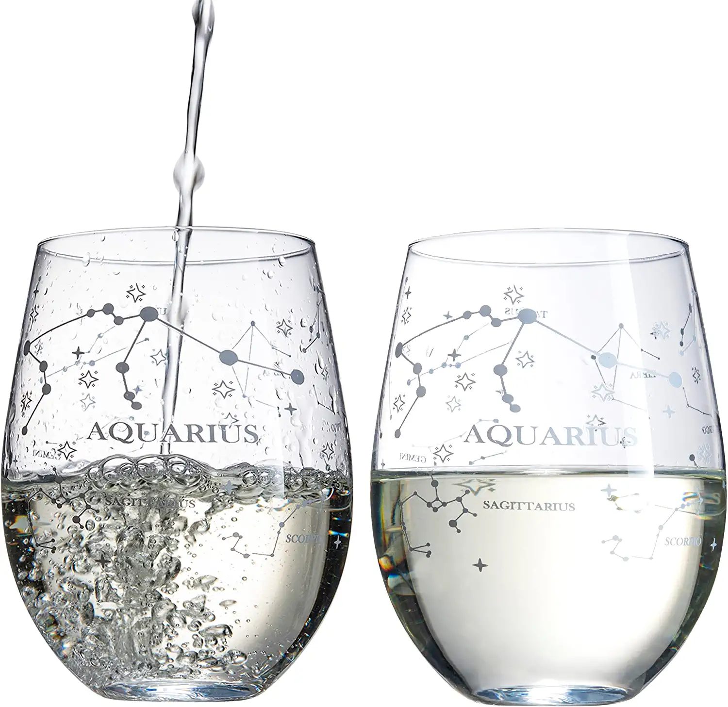Set of 2 Zodiac Sign Wine Glasses with 2 Wooden Coasters (Aquarius) - Keen Glass Solutions