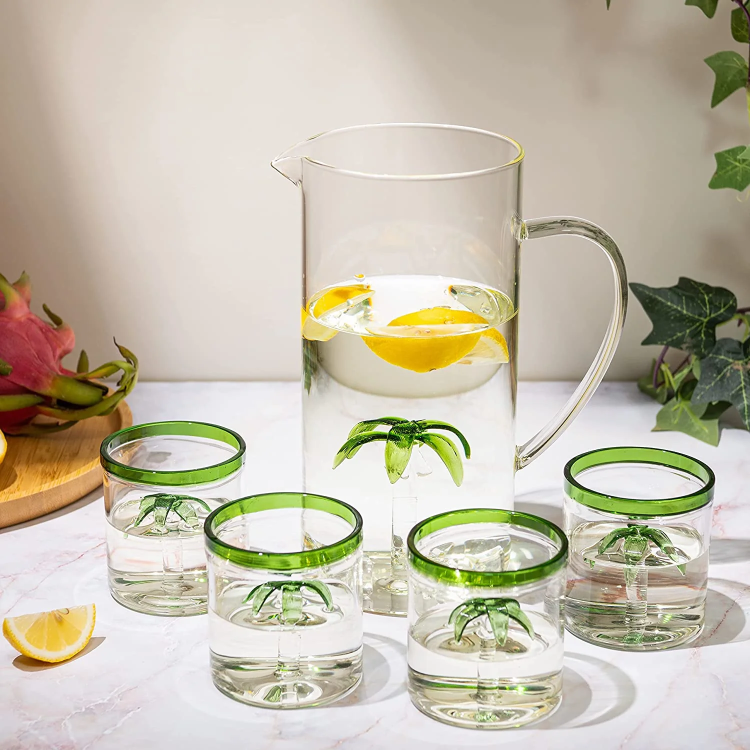 Palm Tree Pitcher & 4 Glasses Set Decanter, 9 oz - Keen Glass Solutions