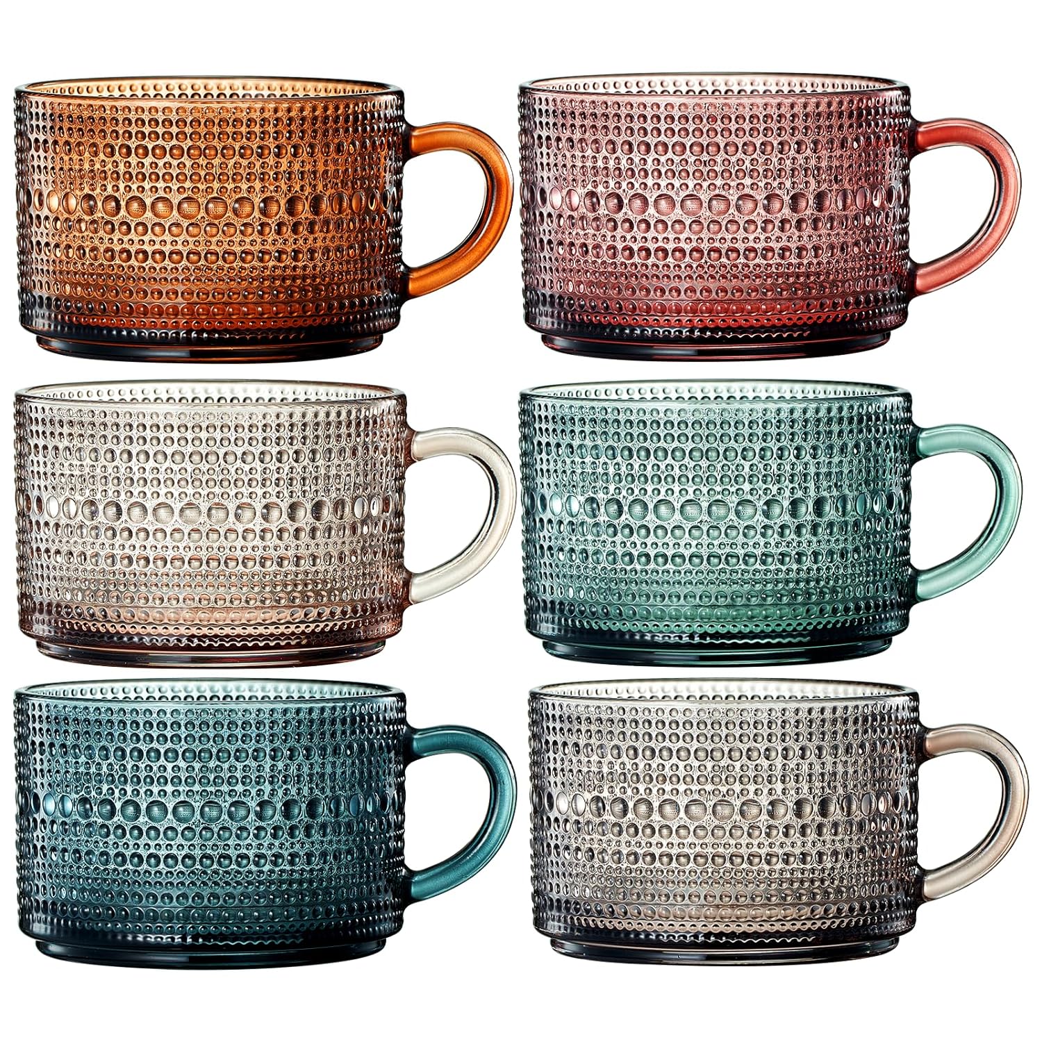 Vintage Colored Glass Coffee Mugs Set With Handles | Set of 6 | 15oz - Keen Glass Solutions