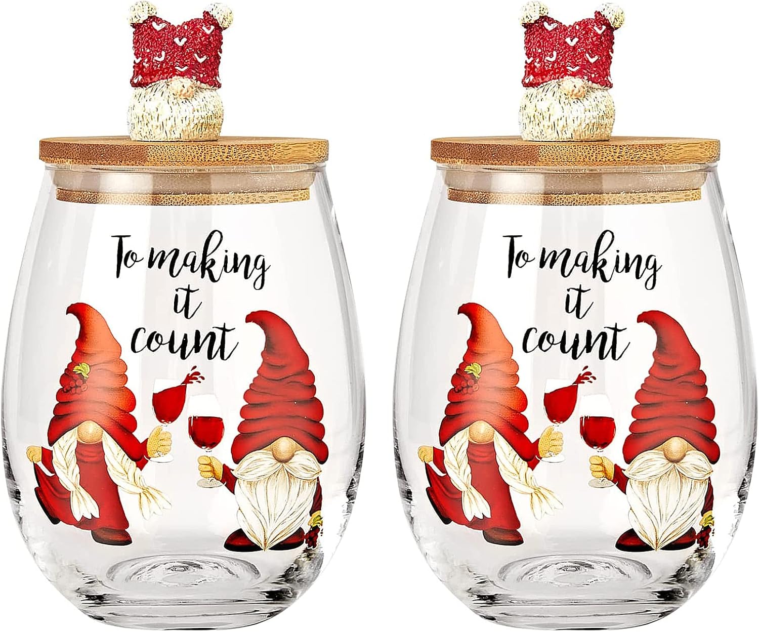 Christmas Gnome Wine & Water Glasses With Dwarf Wood Cover - Set of 2-17.5oz - Keen Glass Solutions