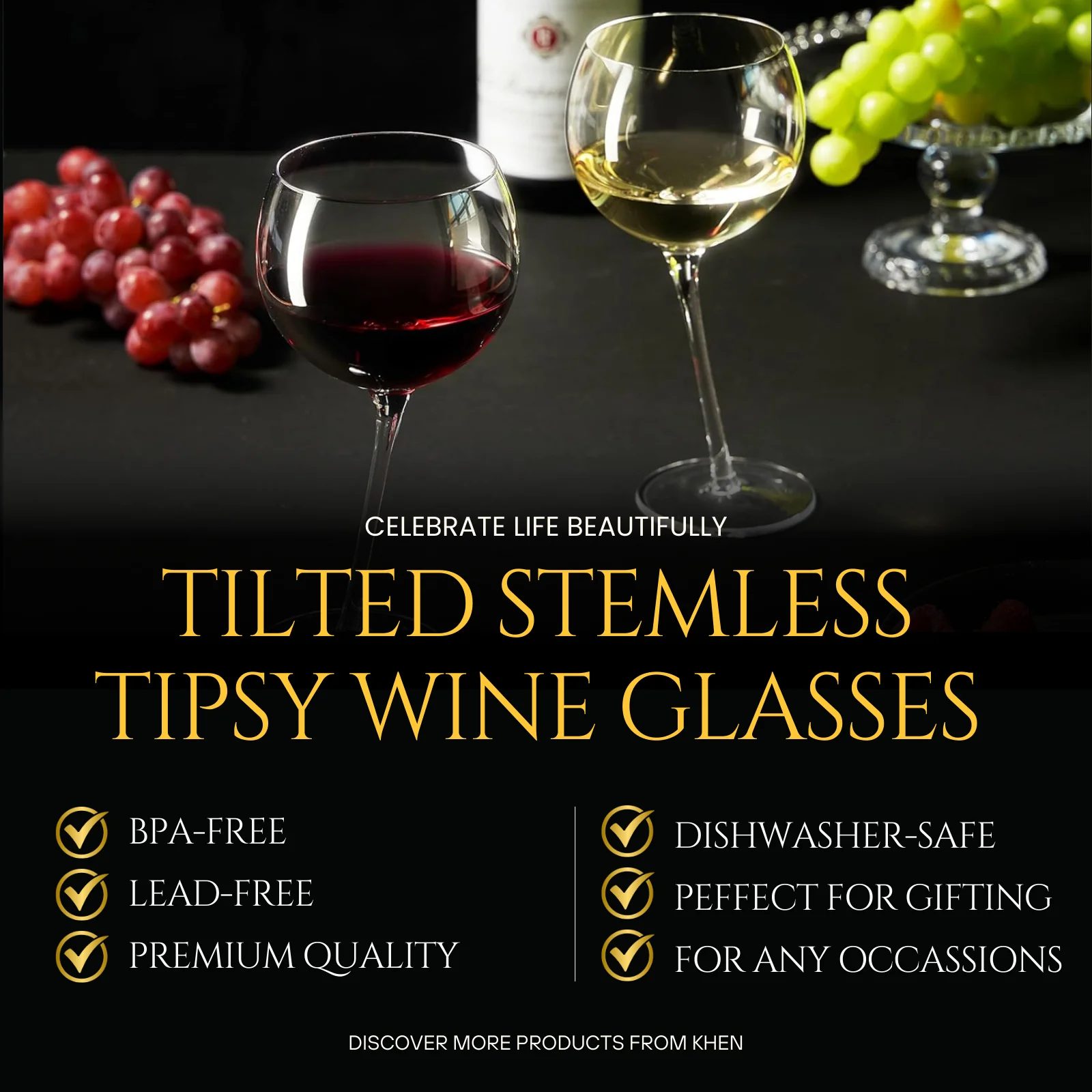 Tipsy Wine Glasses Set of 2 - 15.5OZ Unique Tilted Stemless Wine Glasses - Keen Glass Solutions
