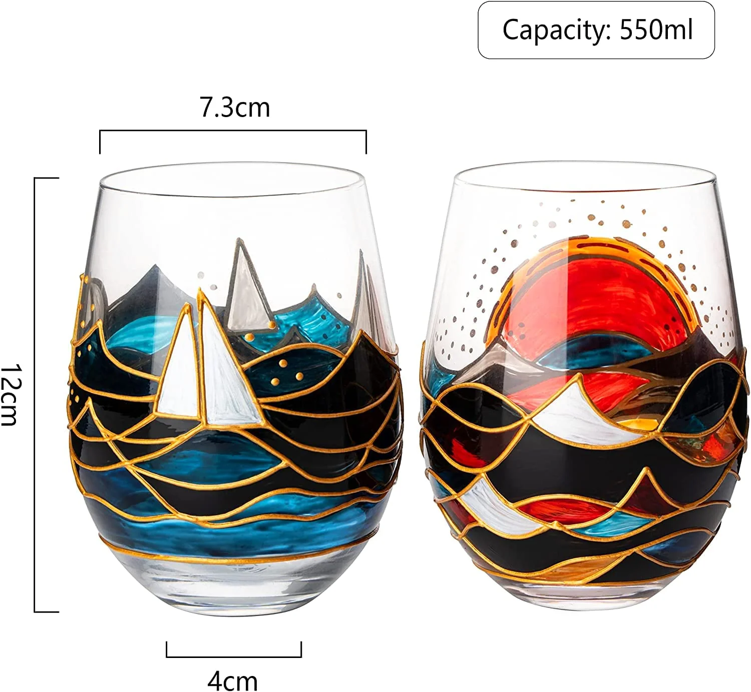 Artisanal Hand Painted Sunrise Glasses, Stemless Set of 2 - Keen Glass Solutions